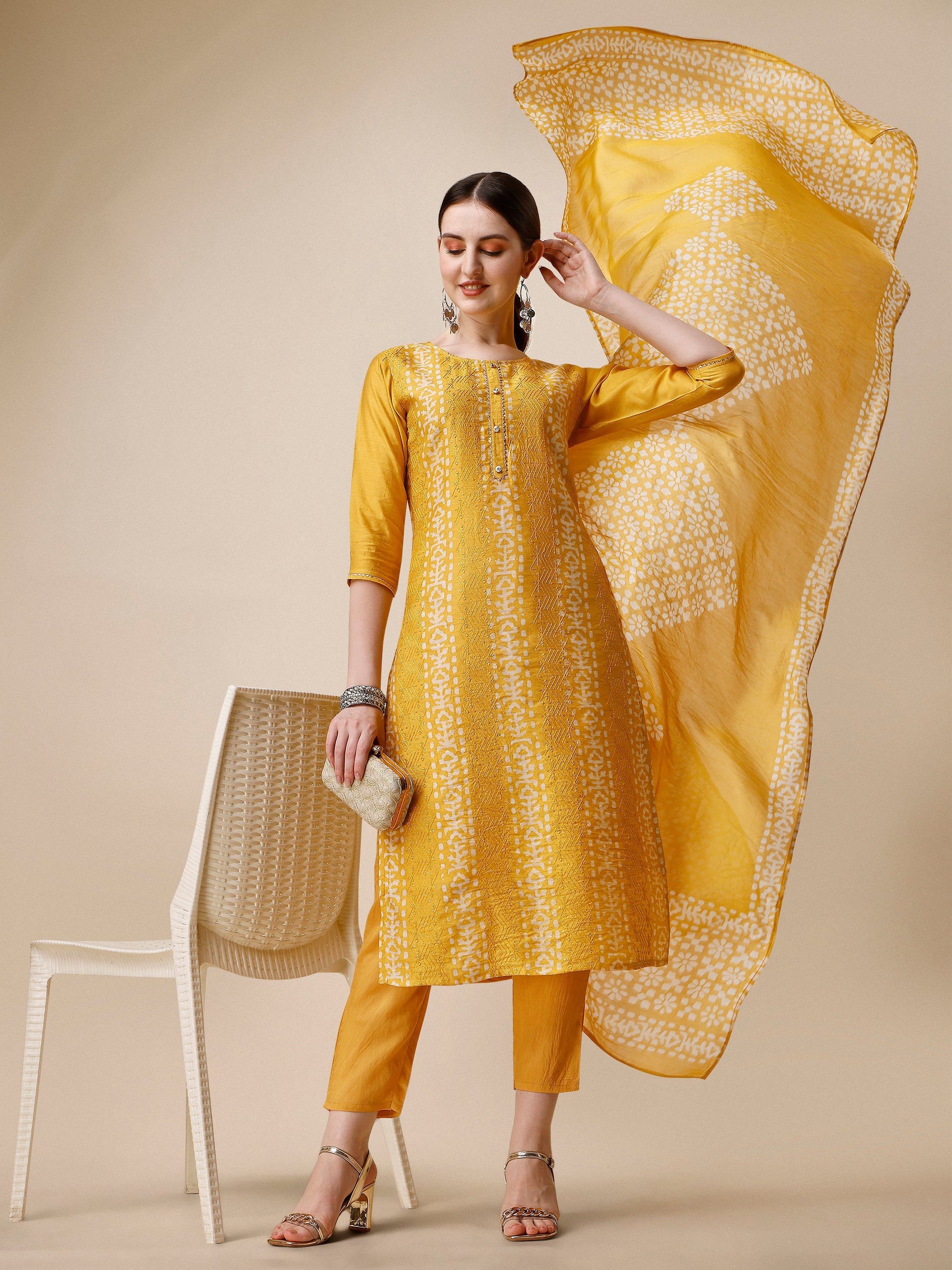 Printed & Embroidered Kurta With Pant & Dupatta Set, Multicolor - Hiral Fashion