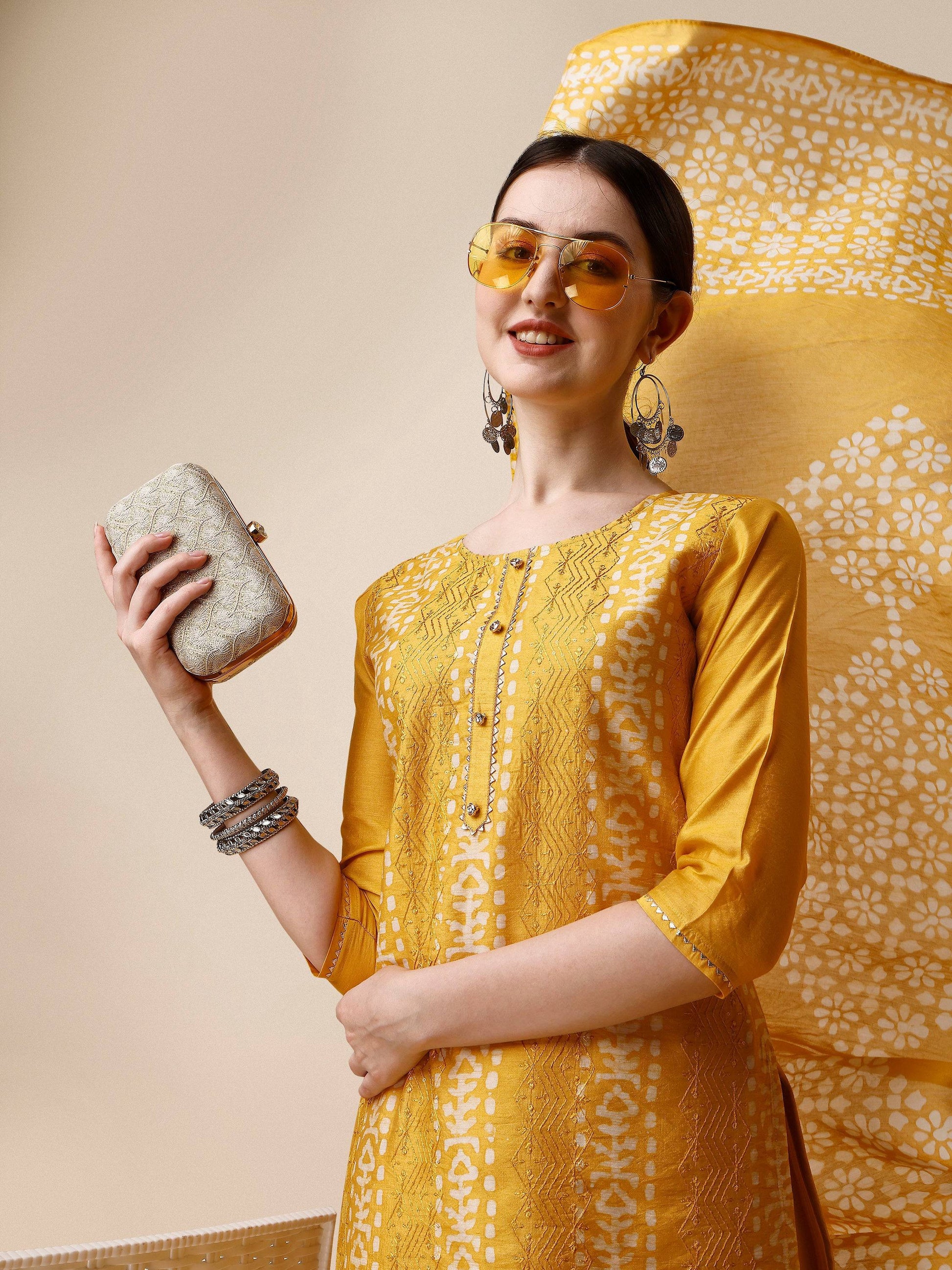 Printed & Embroidered Kurta With Pant & Dupatta Set, Multicolor - Hiral Fashion