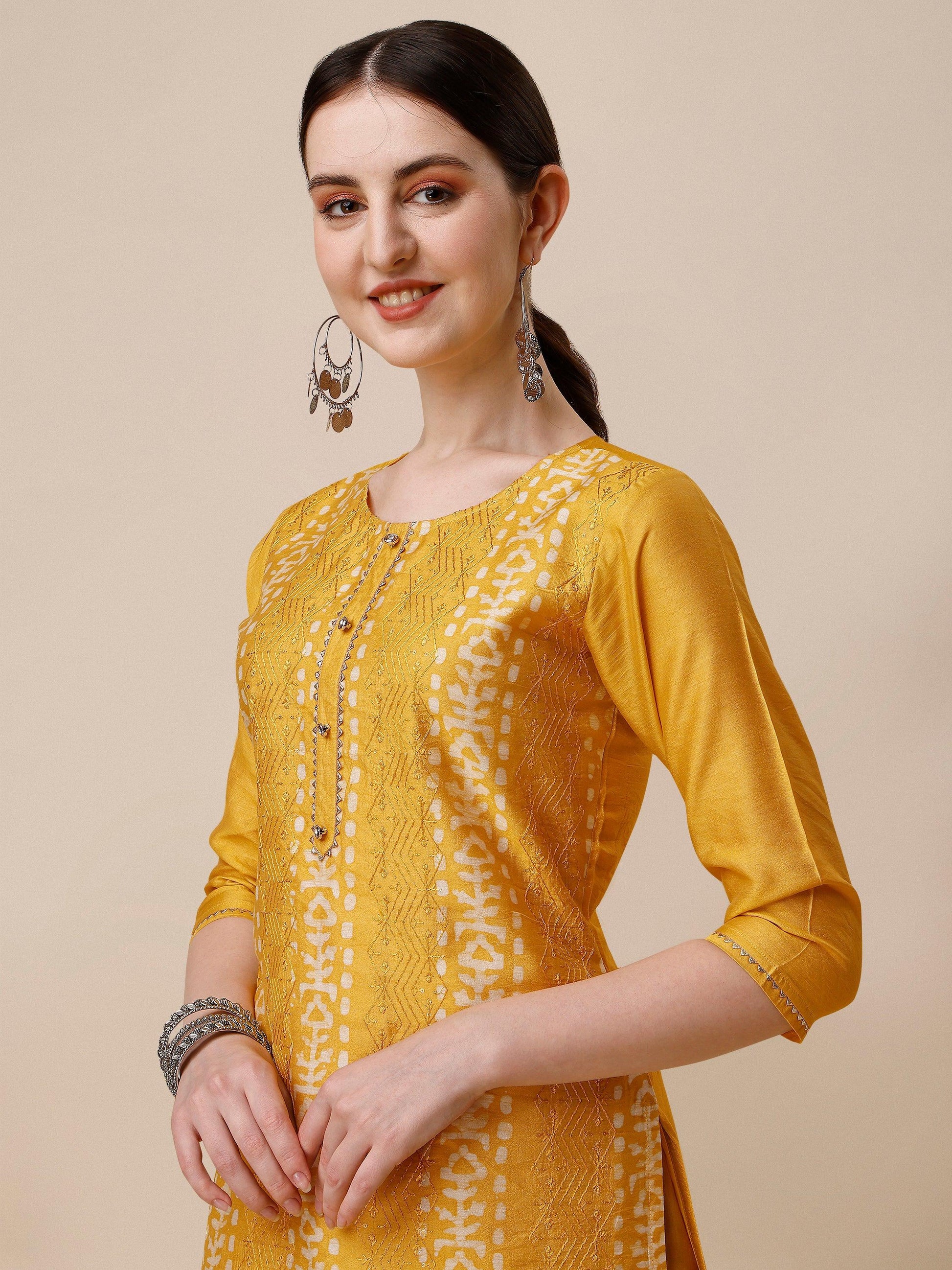 Printed & Embroidered Kurta With Pant & Dupatta Set, Multicolor - Hiral Fashion