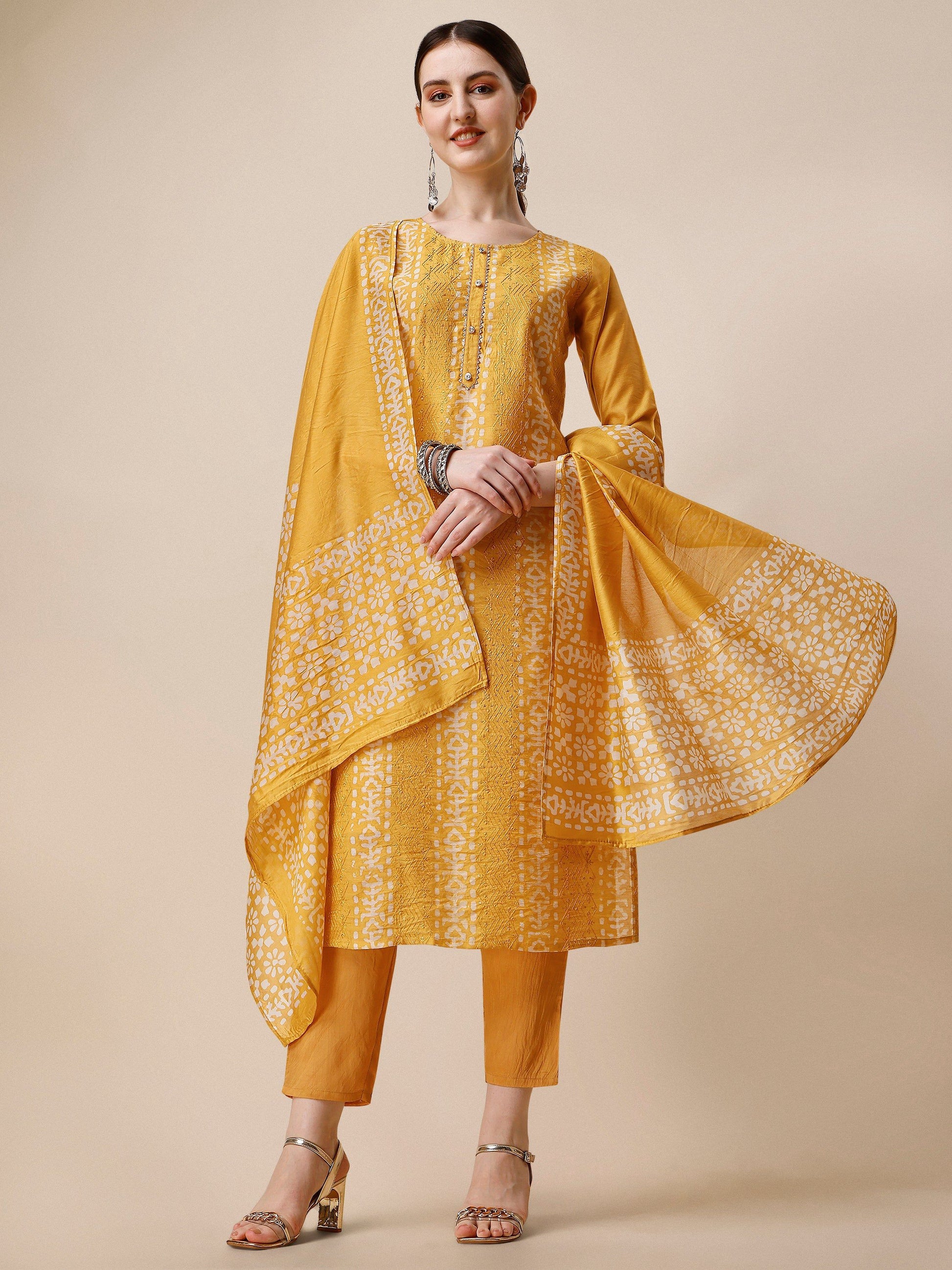 Printed & Embroidered Kurta With Pant & Dupatta Set, Multicolor - Hiral Fashion