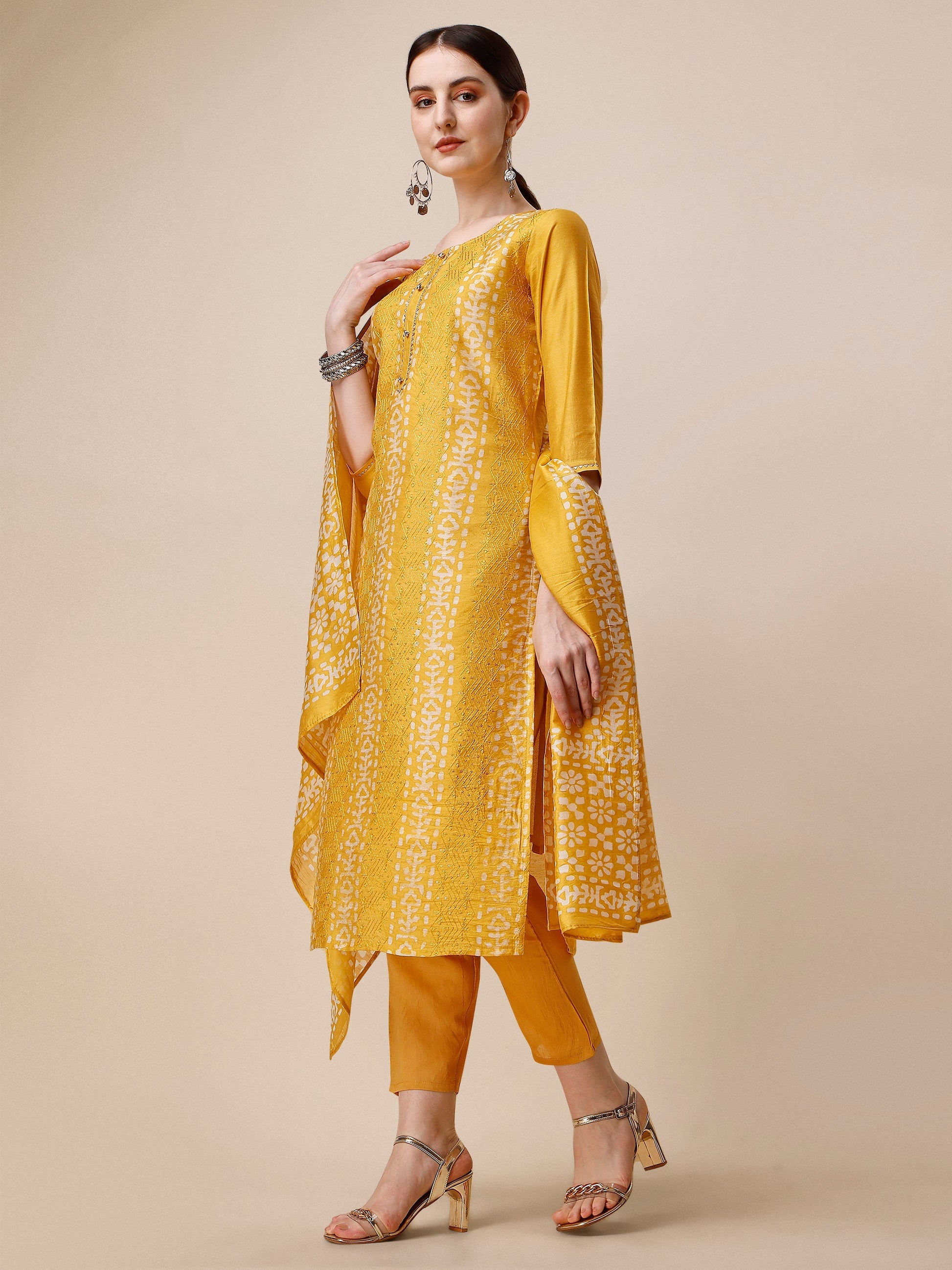 Printed & Embroidered Kurta With Pant & Dupatta Set, Multicolor - Hiral Fashion