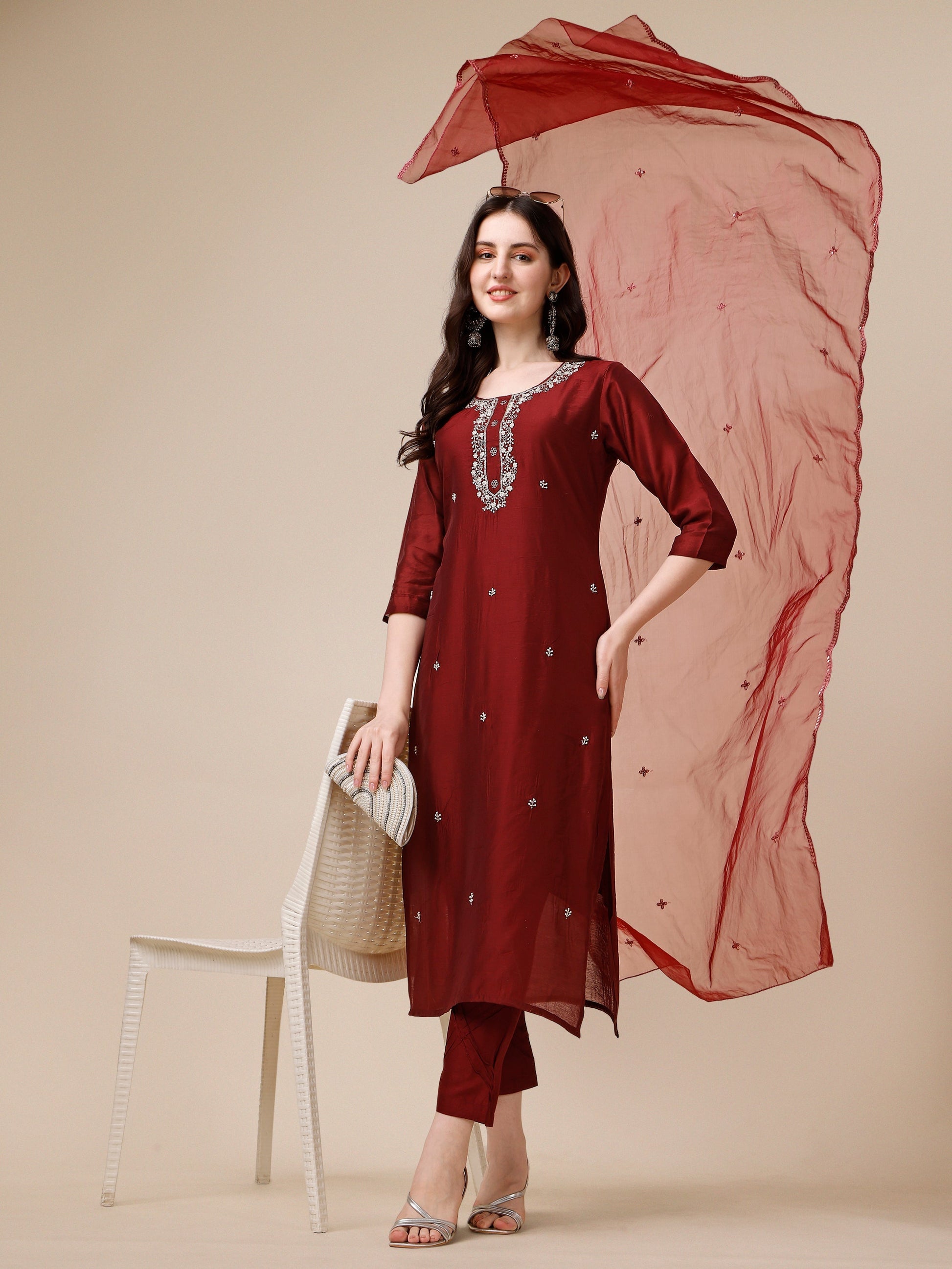 Embroidered Kurta With Pant And Dupatta Set, Multicolor - Hiral Fashion