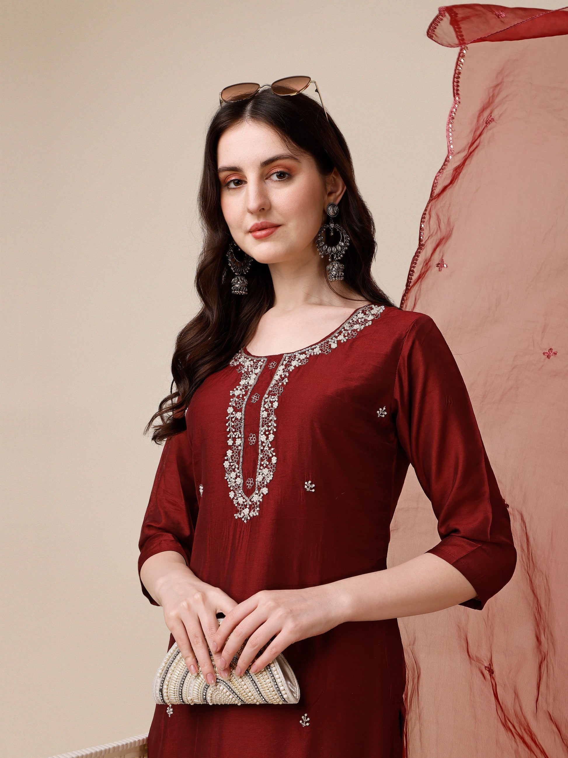Embroidered Kurta With Pant And Dupatta Set, Multicolor - Hiral Fashion