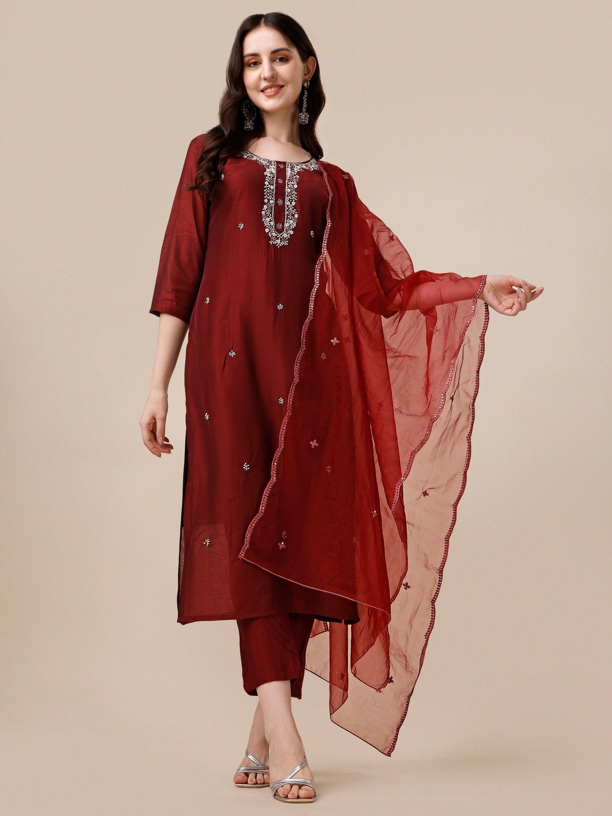 Embroidered Kurta With Pant And Dupatta Set, Multicolor - Hiral Fashion