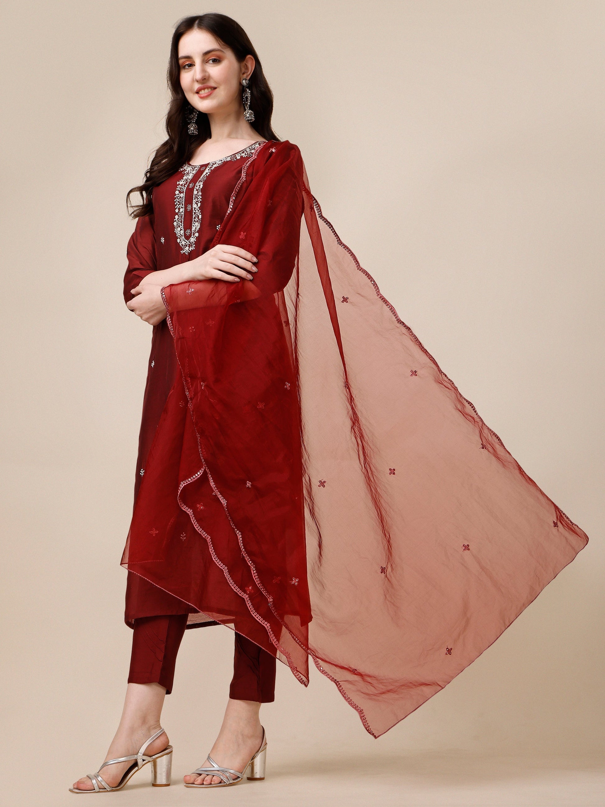 Embroidered Kurta With Pant And Dupatta Set, Multicolor - Hiral Fashion