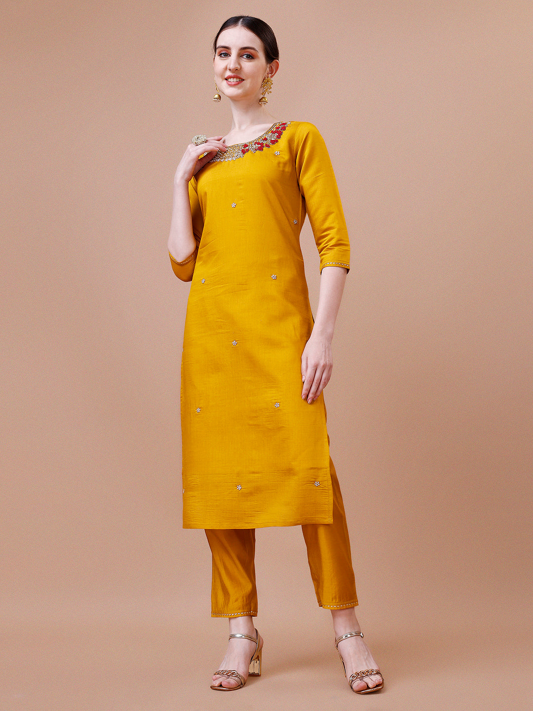 Hand Embroidered And Embellished Kurta With Pant And Dupatta Set, Multicolor - Hiral Fashion