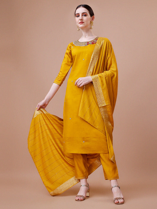 Hand Embroidered And Embellished Kurta With Pant And Dupatta Set, Multicolor - Hiral Fashion