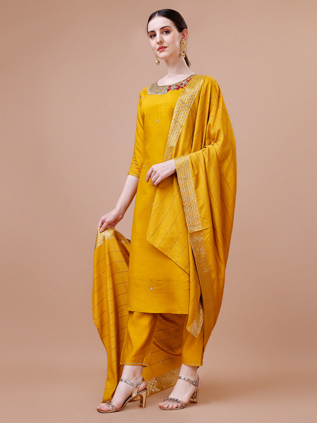 Hand Embroidered And Embellished Kurta With Pant And Dupatta Set, Multicolor - Hiral Fashion
