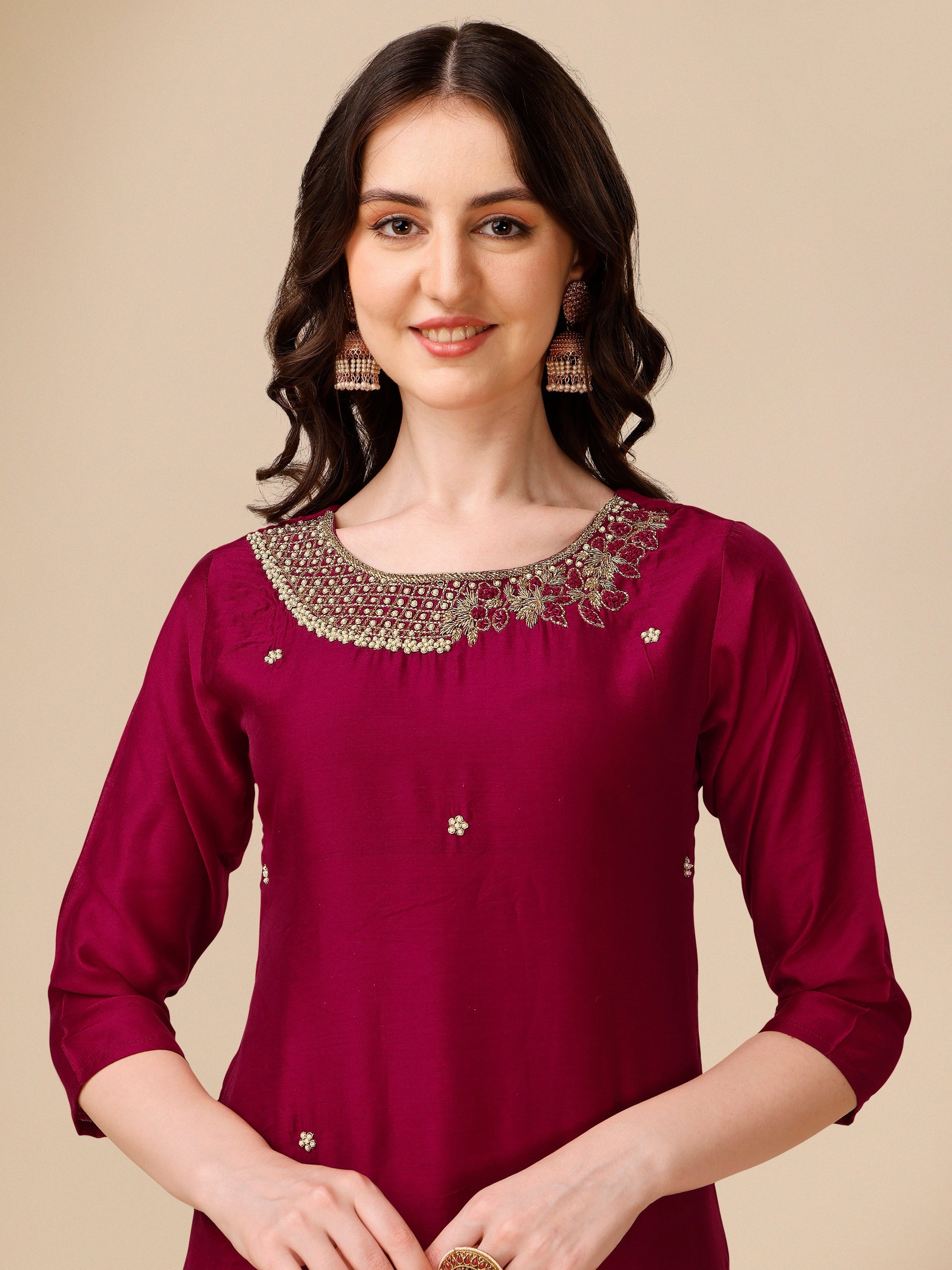 Hand Embroidered Kurta With Pant And Dupatta Set, Multicolor - Hiral Fashion