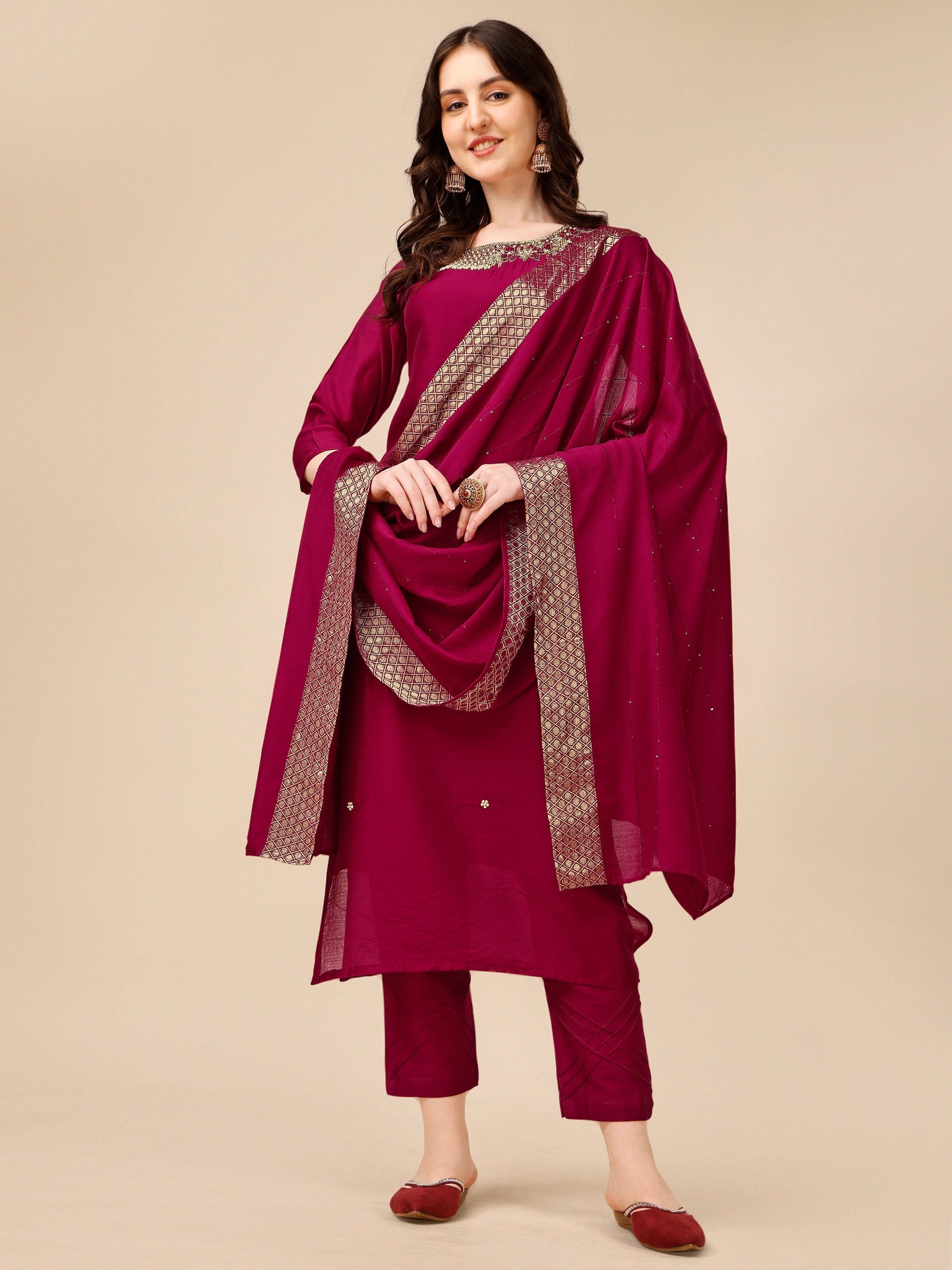 Hand Embroidered Kurta With Pant And Dupatta Set, Multicolor - Hiral Fashion