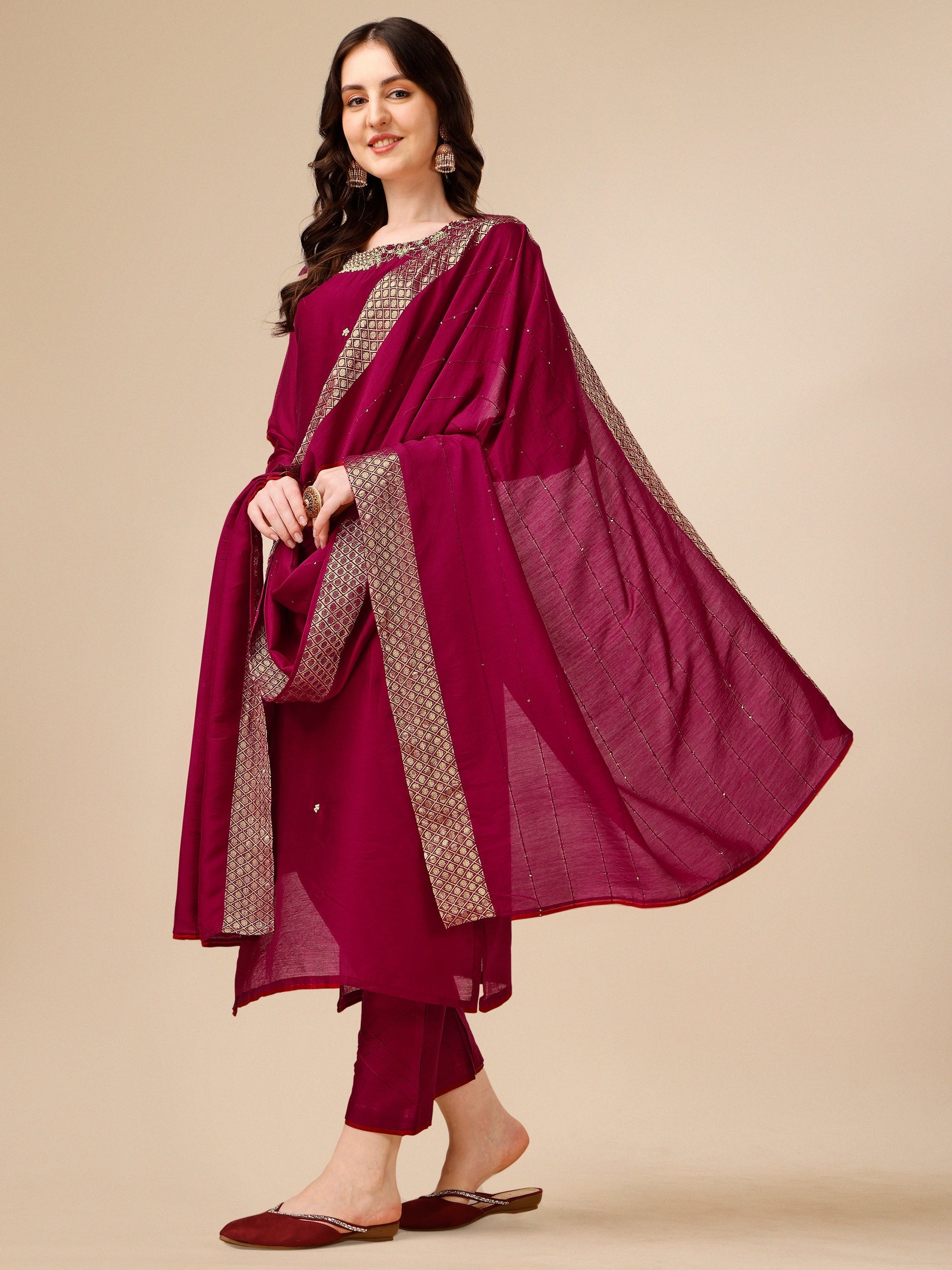Hand Embroidered Kurta With Pant And Dupatta Set, Multicolor - Hiral Fashion