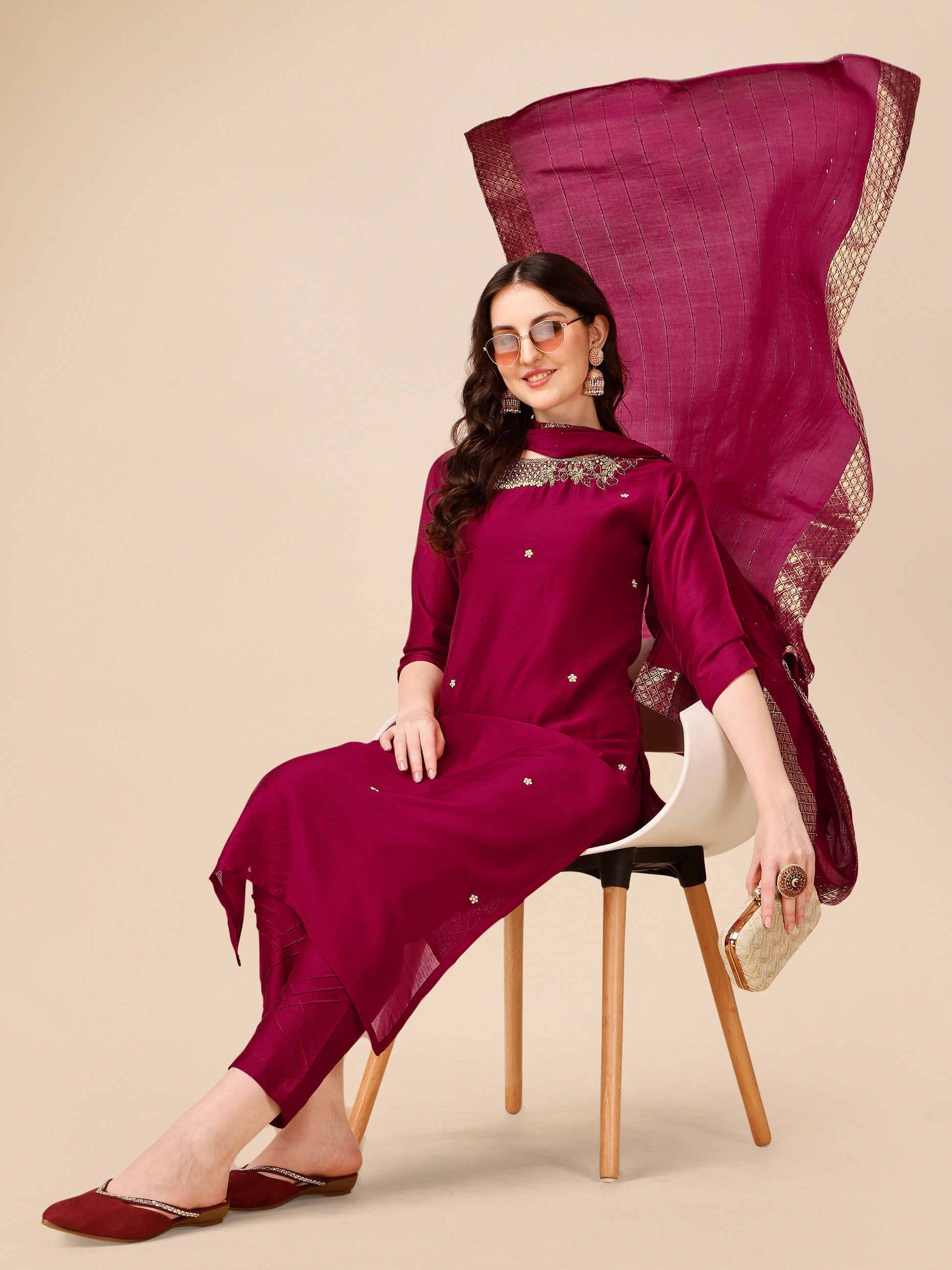 Hand Embroidered Kurta With Pant And Dupatta Set, Multicolor - Hiral Fashion