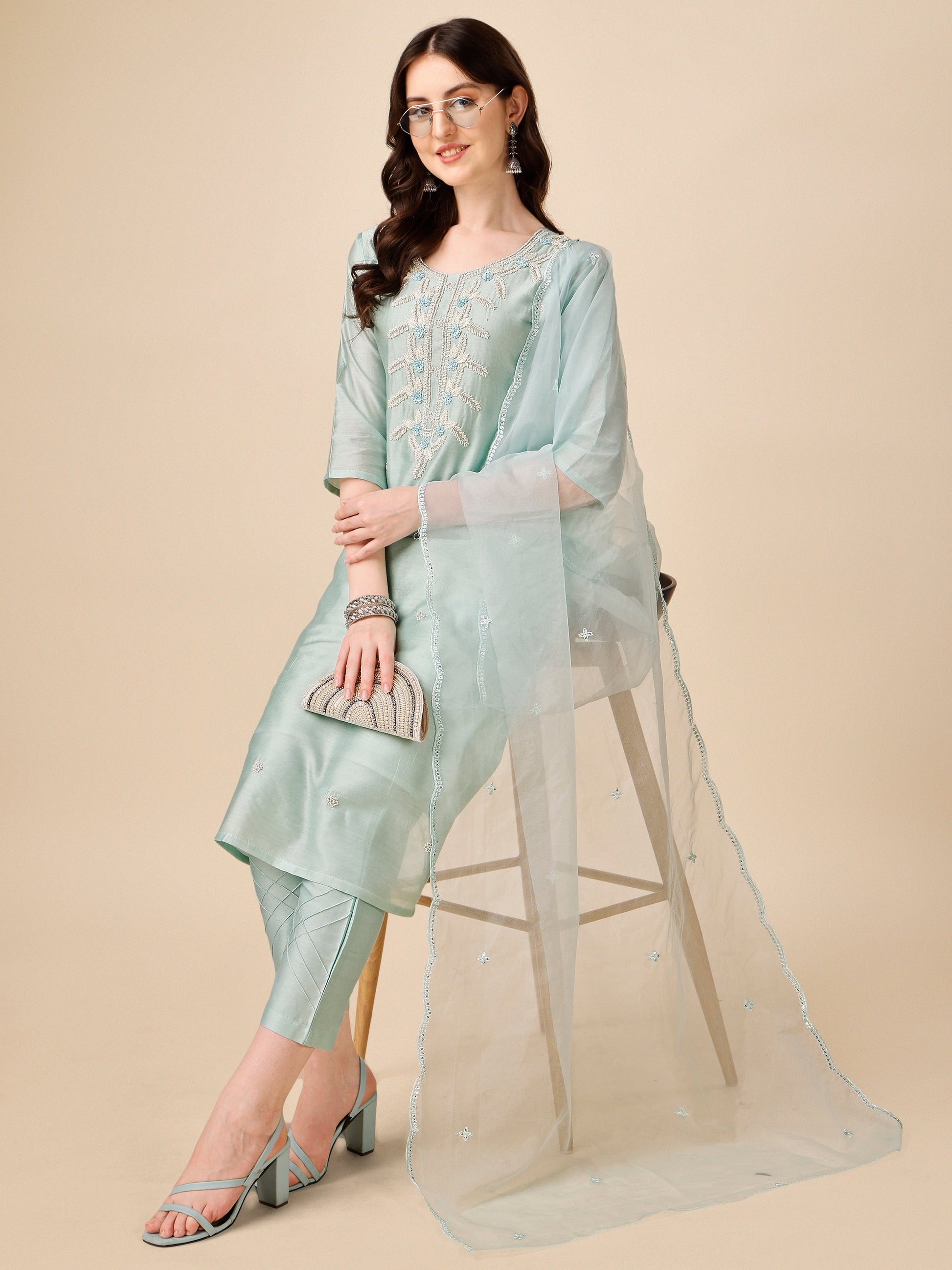 Hand Embroidered Kurta With Pant And Organza Dupatta Set, Multicolor - Hiral Fashion