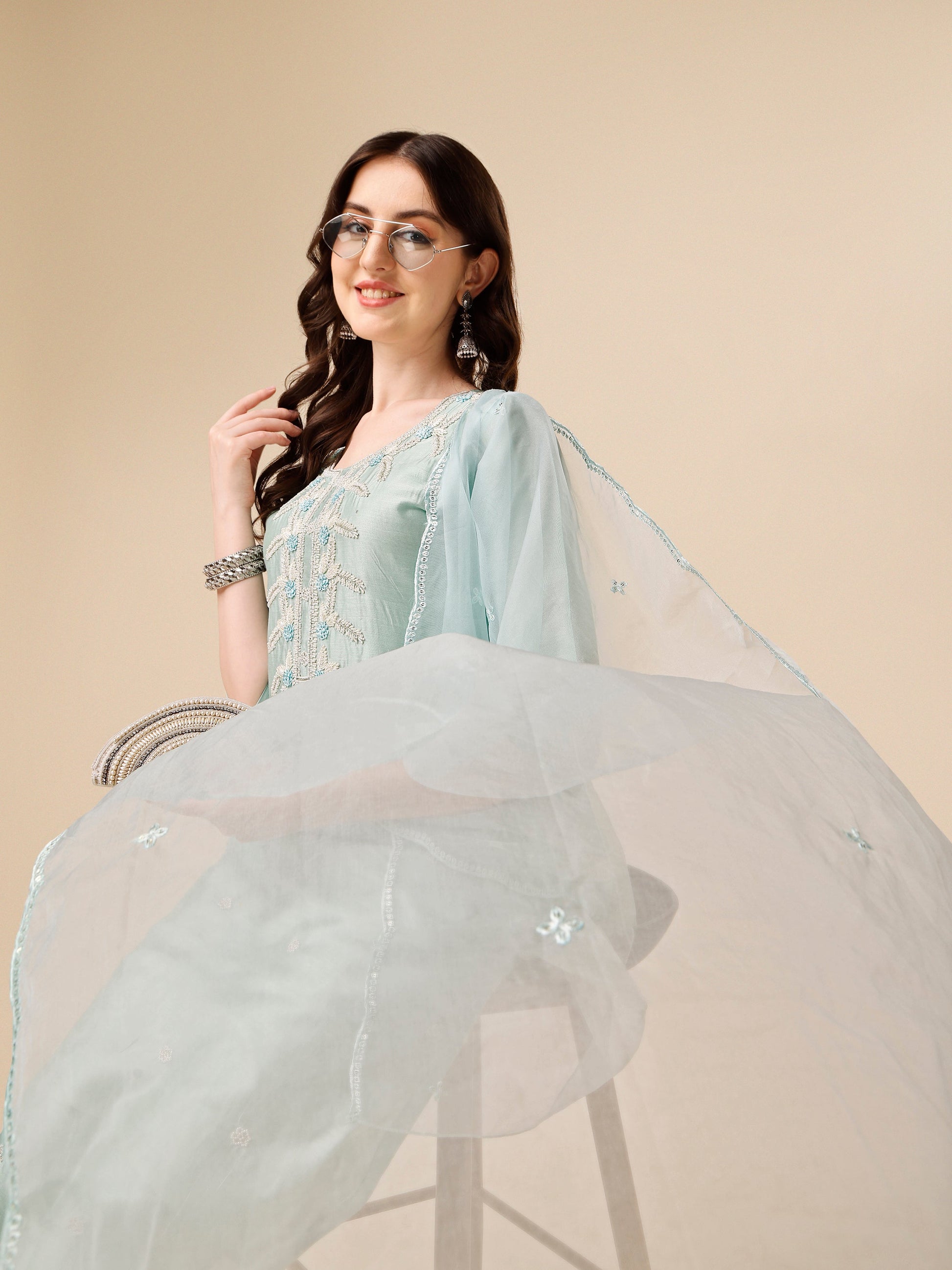 Hand Embroidered Kurta With Pant And Organza Dupatta Set, Multicolor - Hiral Fashion