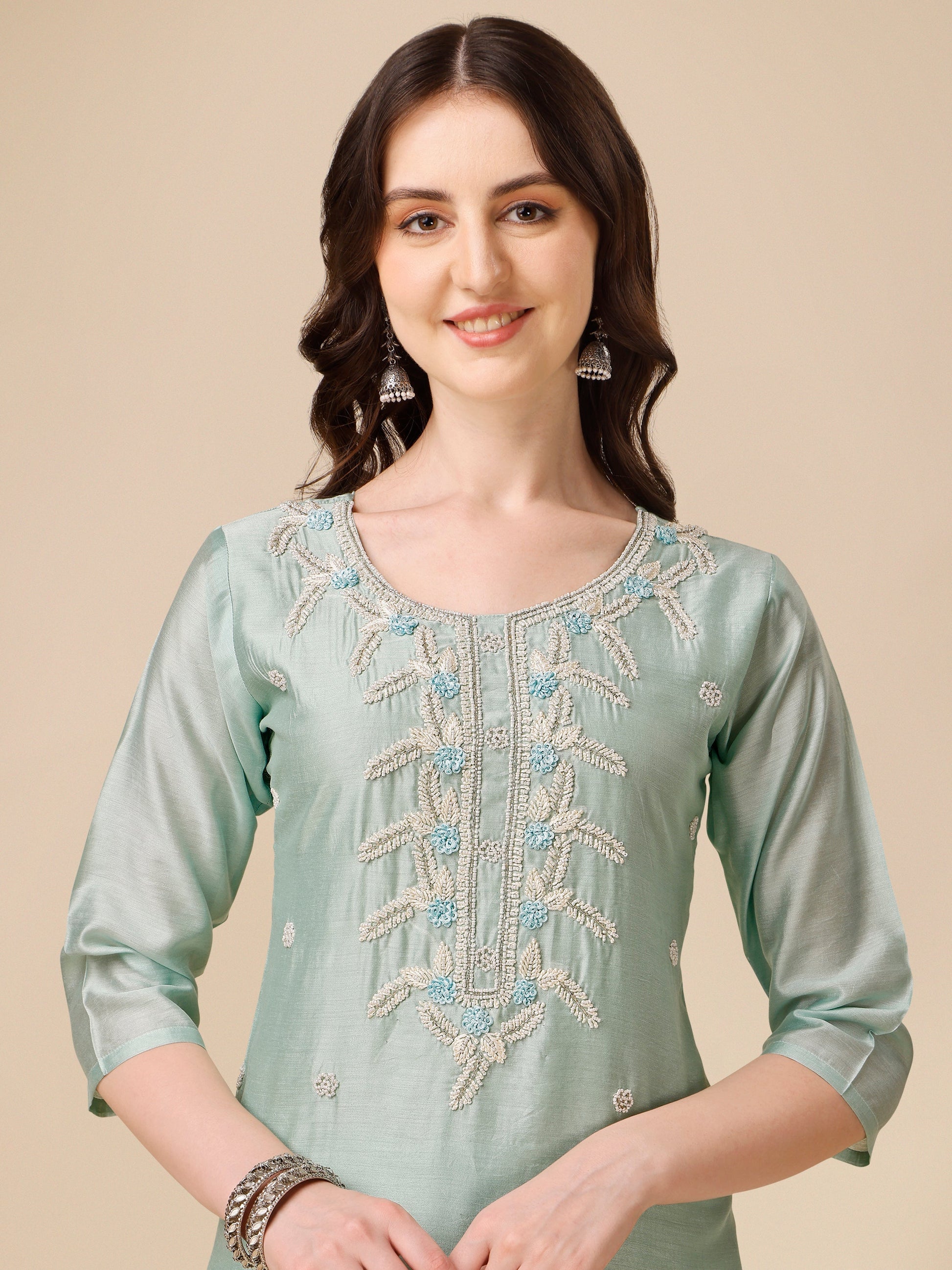 Hand Embroidered Kurta With Pant And Organza Dupatta Set, Multicolor - Hiral Fashion