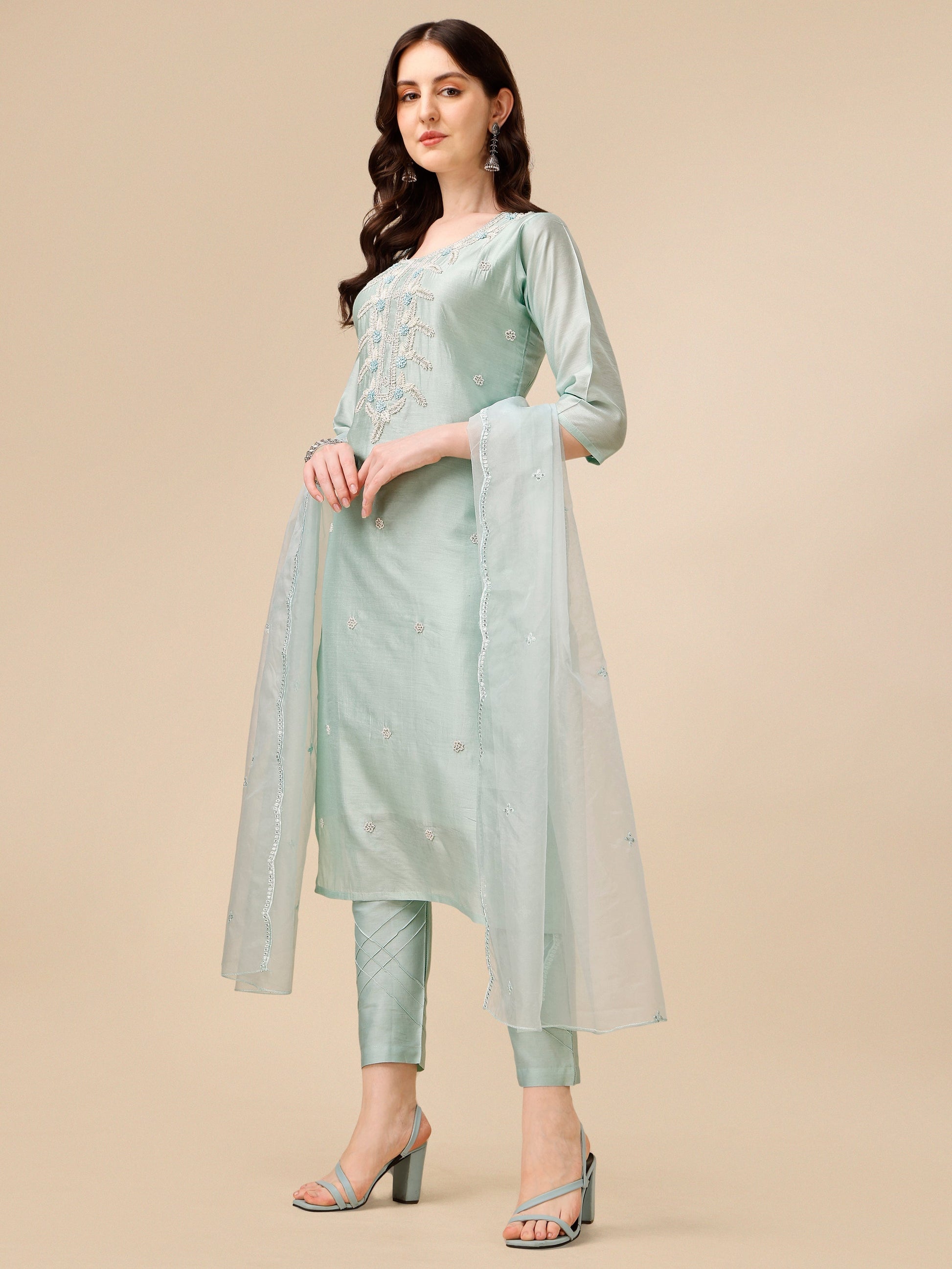 Hand Embroidered Kurta With Pant And Organza Dupatta Set, Multicolor - Hiral Fashion