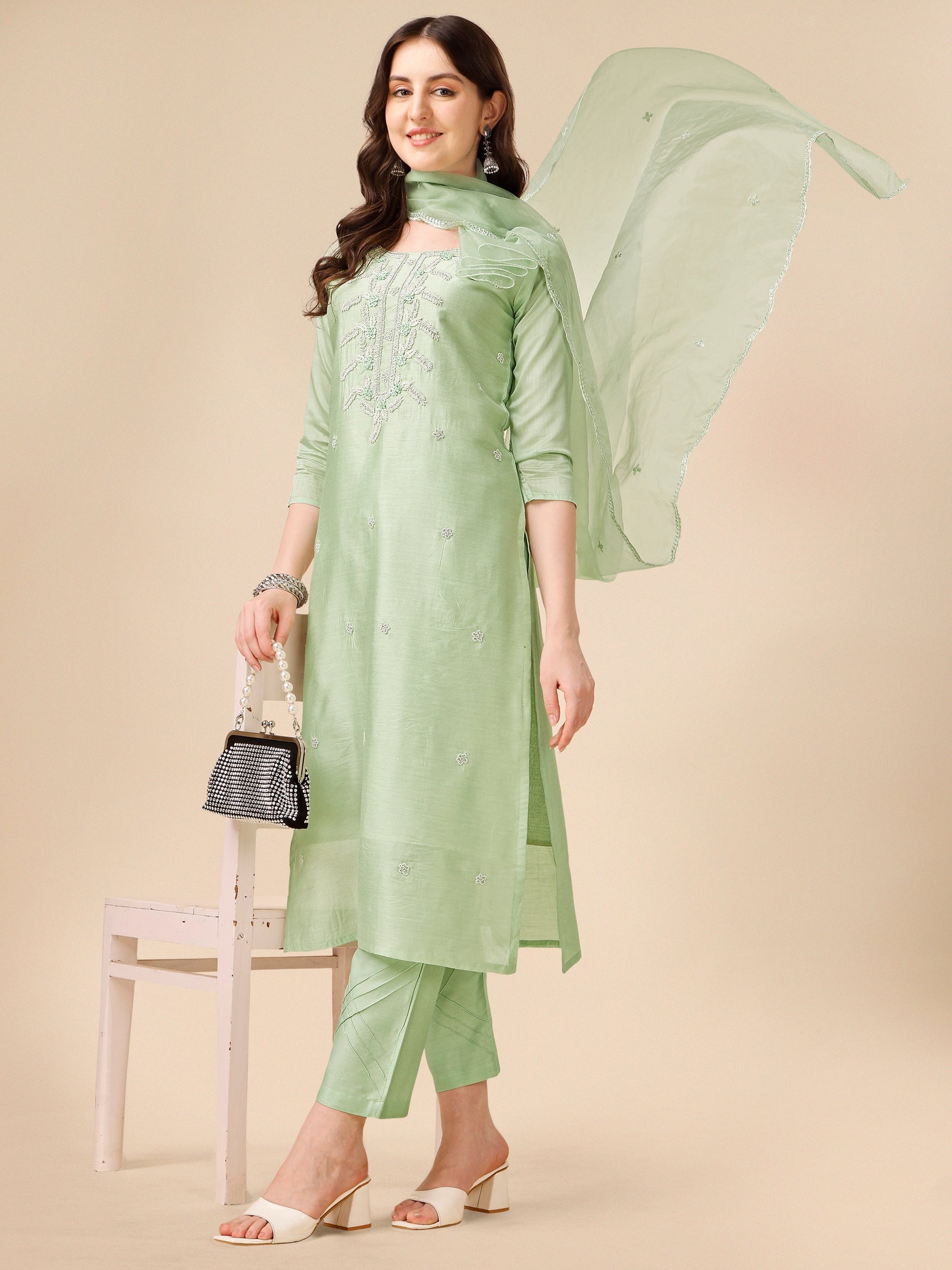 Hand Embroidered Kurta With Pant And Dupatta Set, Multicolor - Hiral Fashion
