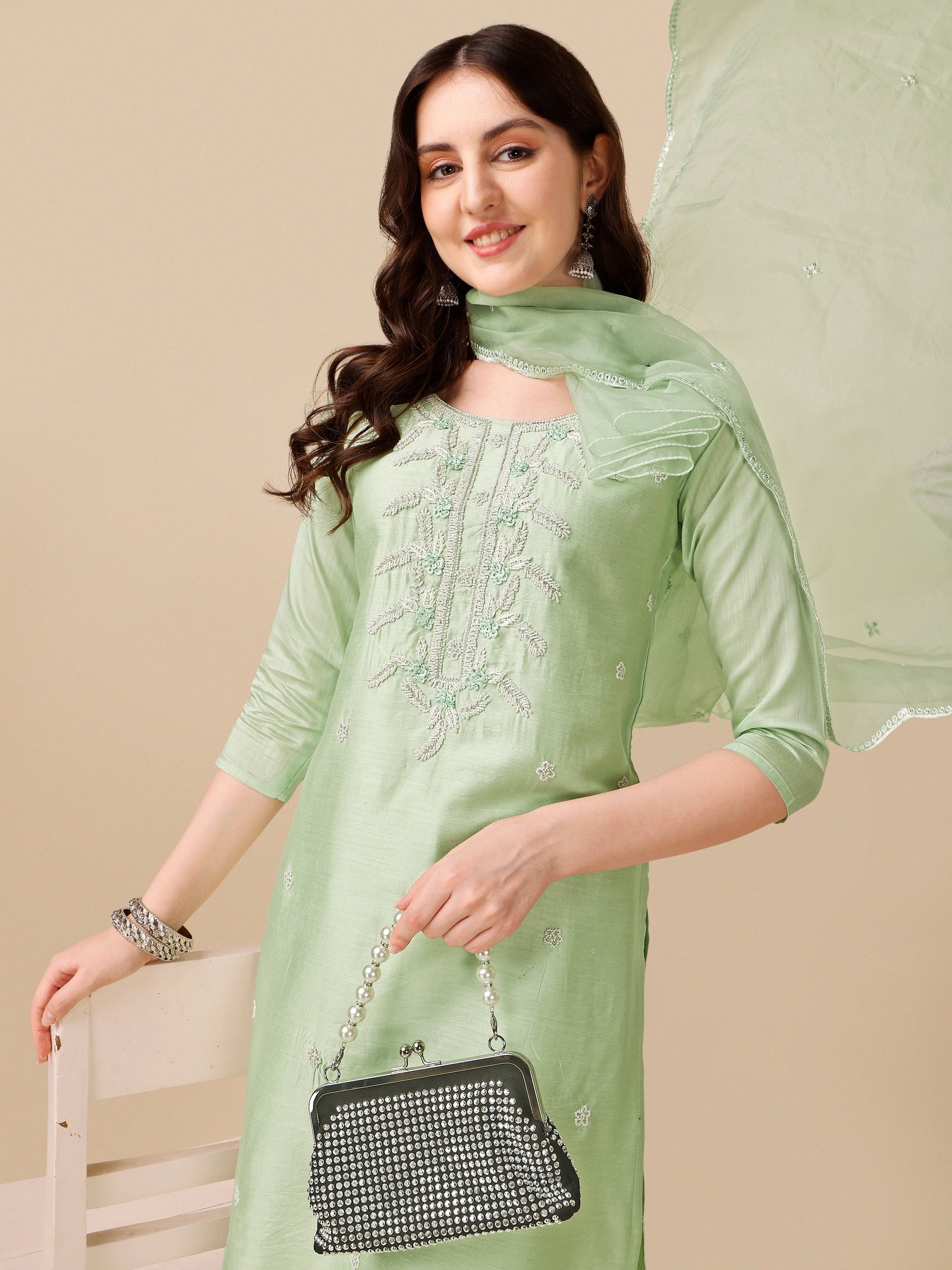 Hand Embroidered Kurta With Pant And Dupatta Set, Multicolor - Hiral Fashion