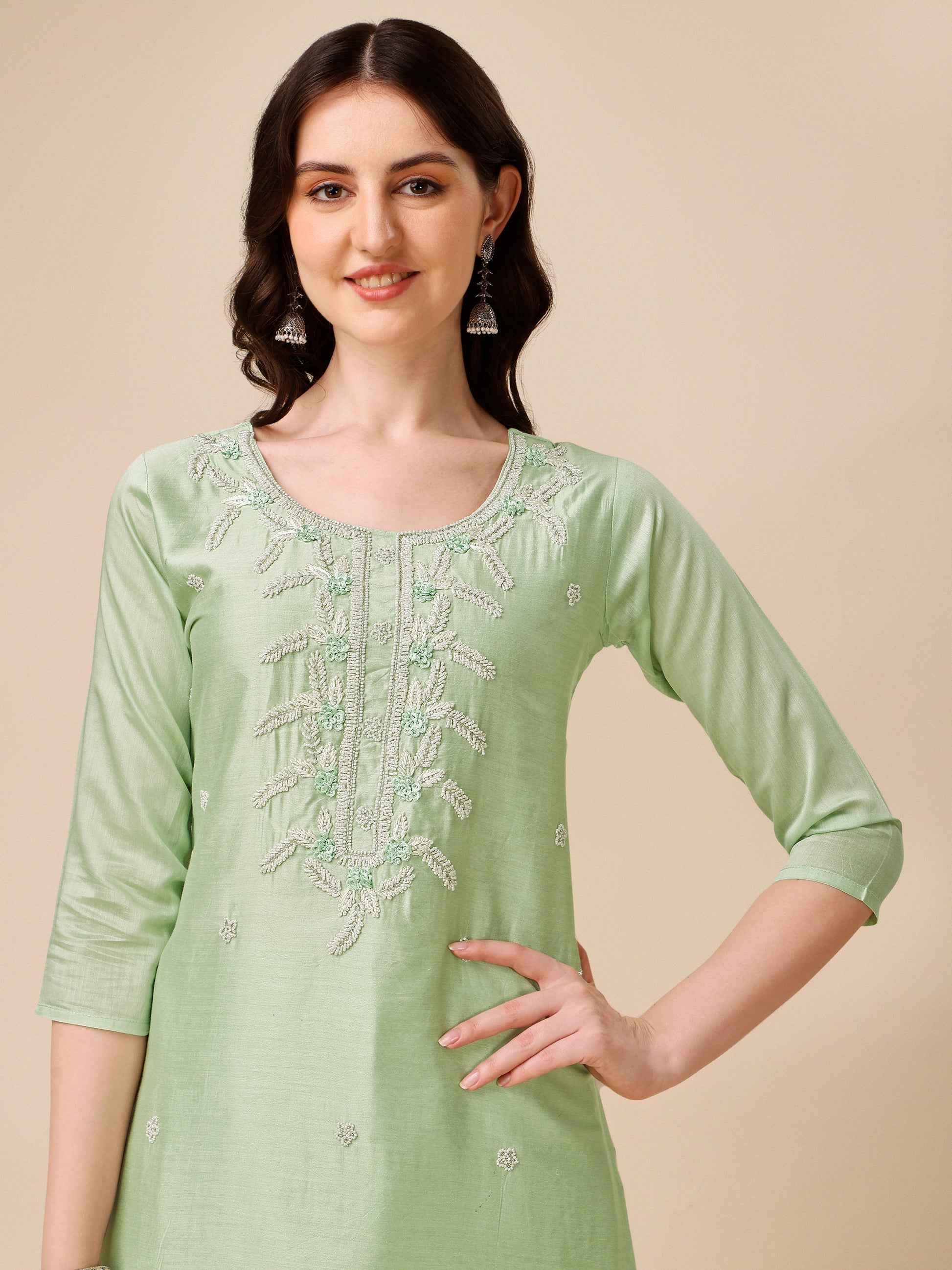 Hand Embroidered Kurta With Pant And Dupatta Set, Multicolor - Hiral Fashion