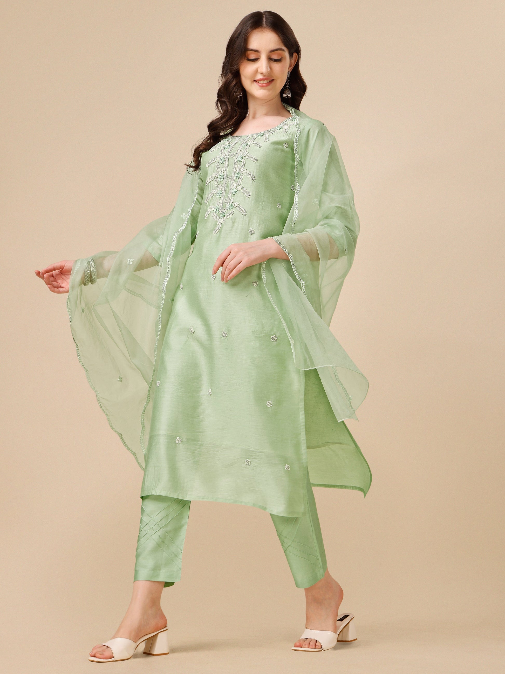 Hand Embroidered Kurta With Pant And Dupatta Set, Multicolor - Hiral Fashion