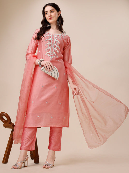 Hand Embroidered Kurta With Pant & Organza Dupatta, Multicolor - Hiral Fashion