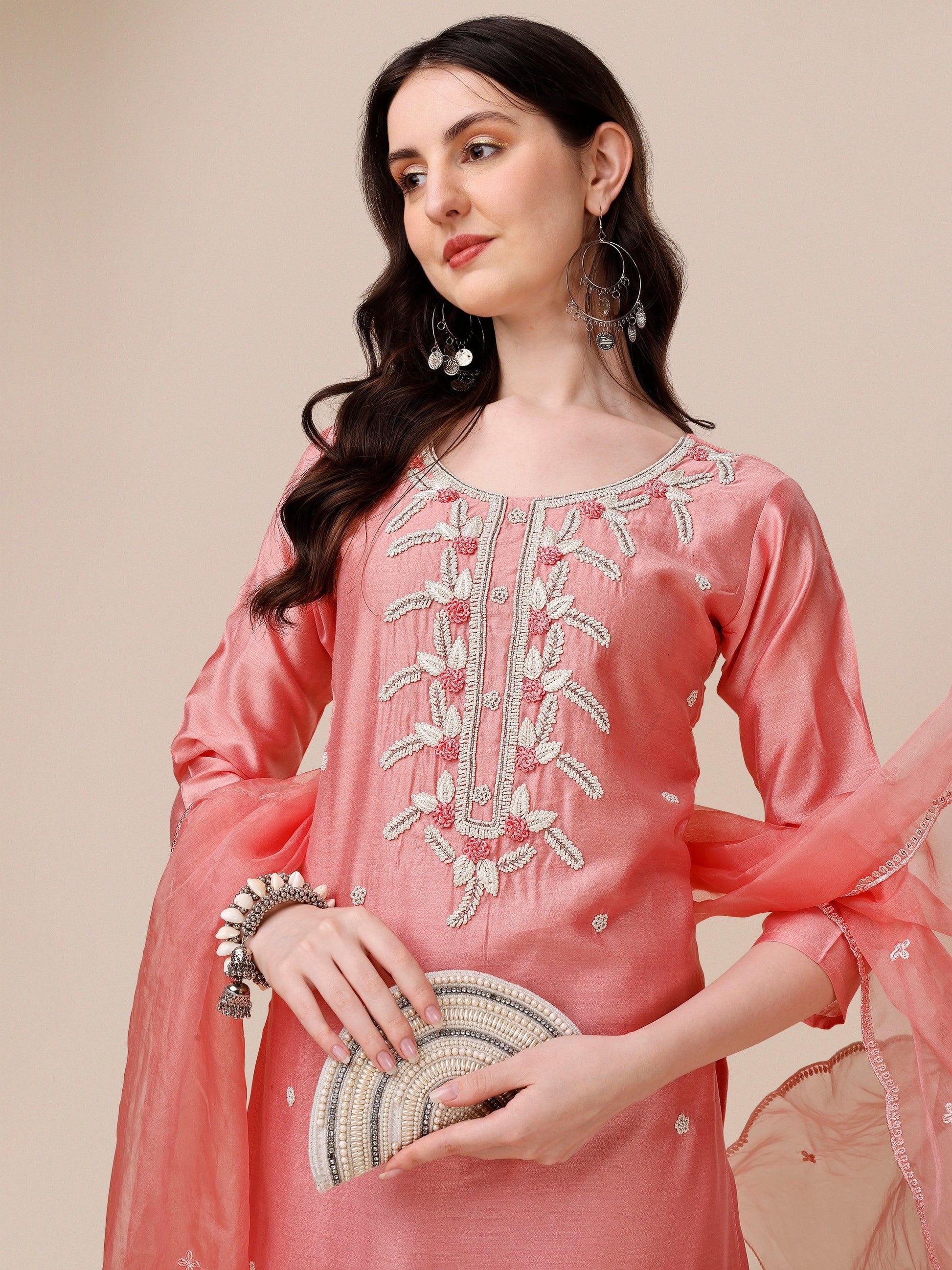 Hand Embroidered Kurta With Pant & Organza Dupatta, Multicolor - Hiral Fashion