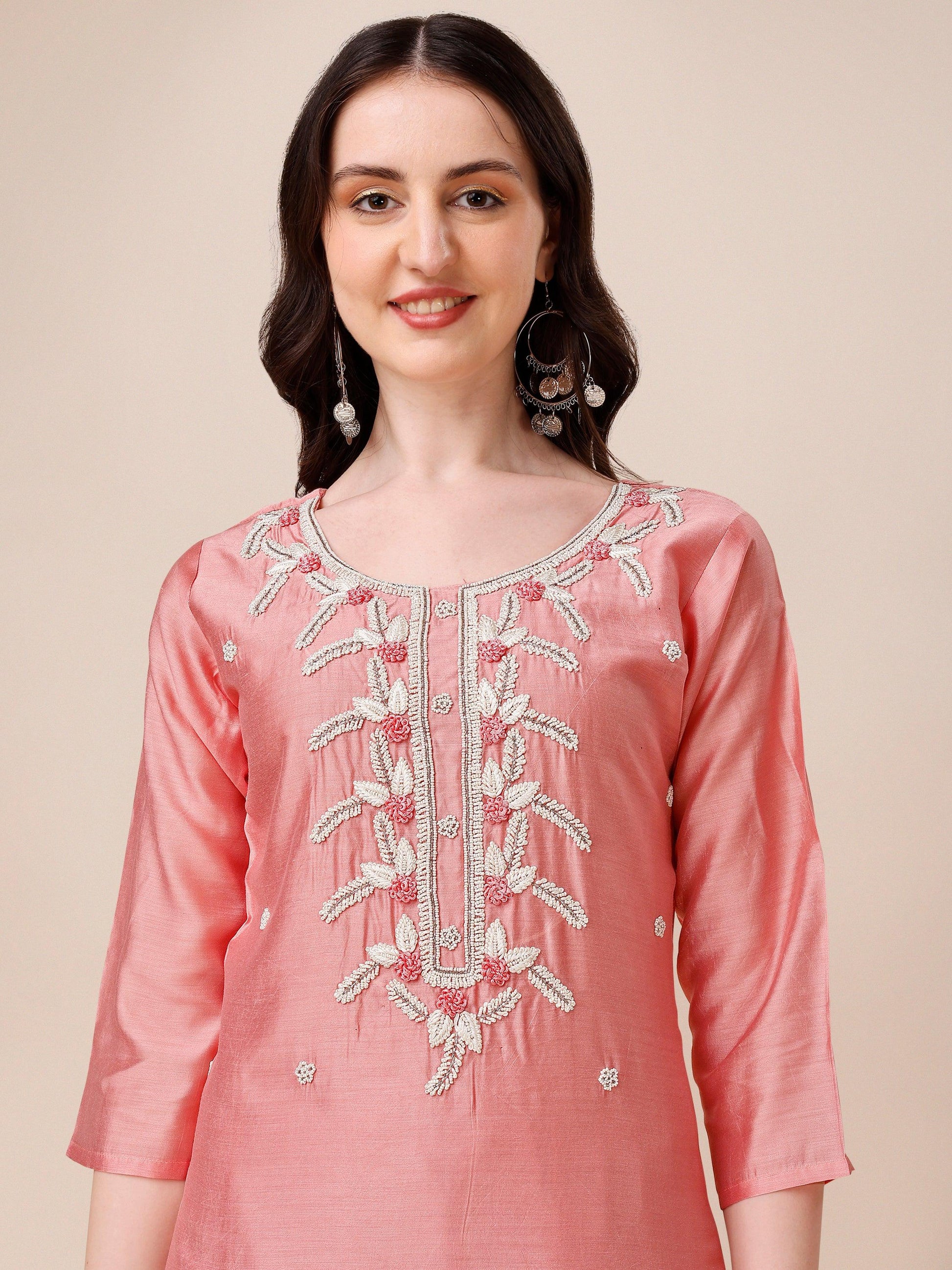 Hand Embroidered Kurta With Pant & Organza Dupatta, Multicolor - Hiral Fashion