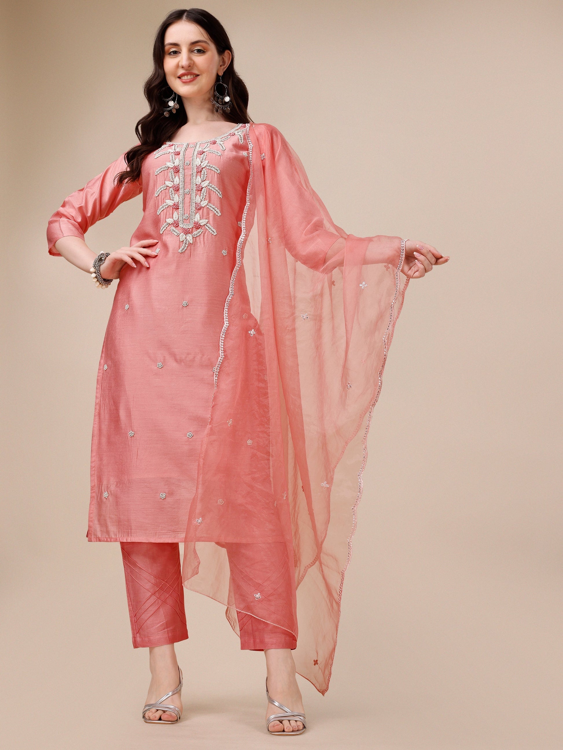 Hand Embroidered Kurta With Pant & Organza Dupatta, Multicolor - Hiral Fashion