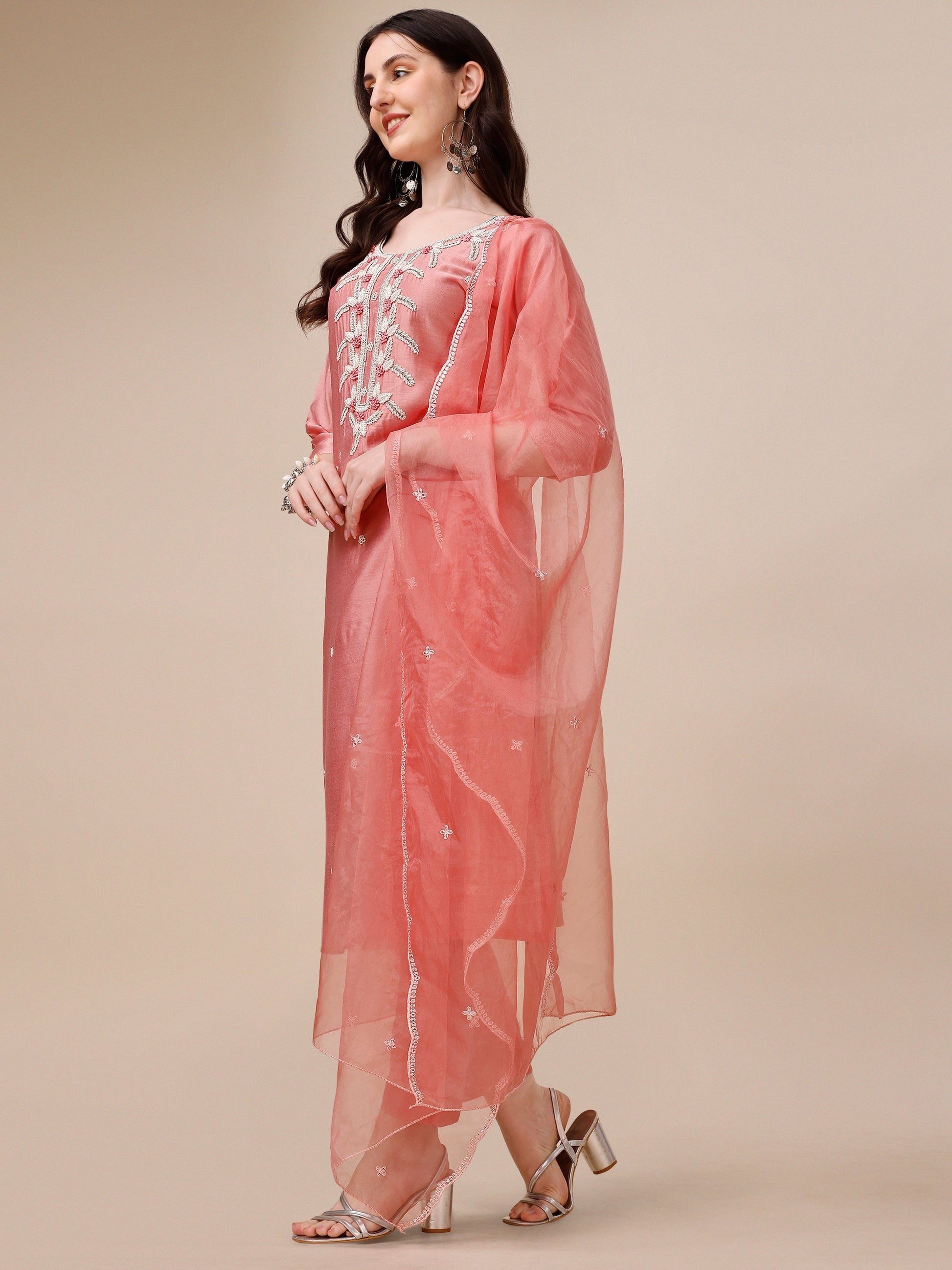 Hand Embroidered Kurta With Pant & Organza Dupatta, Multicolor - Hiral Fashion