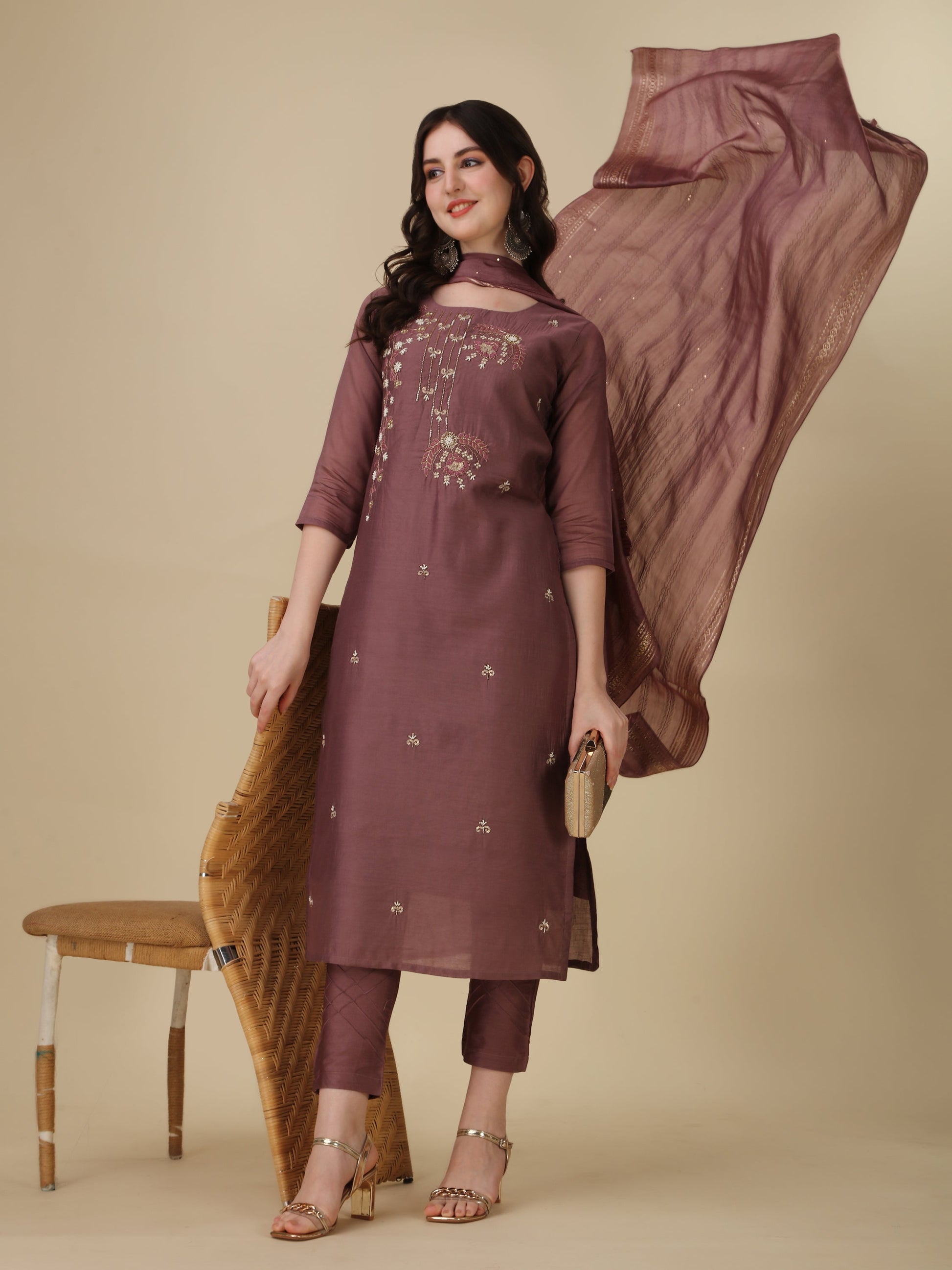 Hand Embroidered Kurta With Pant And Dupatta Set, Multicolor - Hiral Fashion