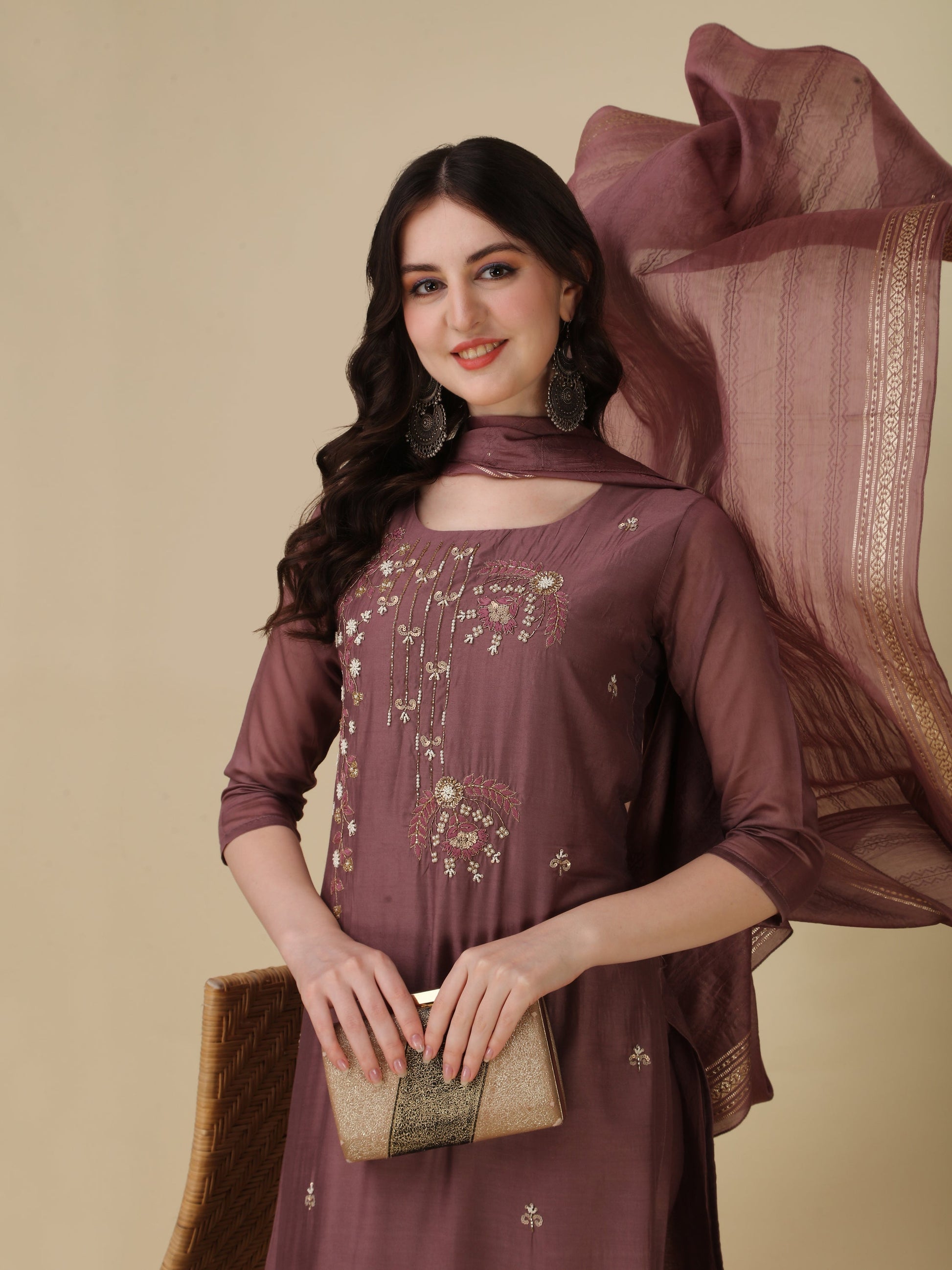 Hand Embroidered Kurta With Pant And Dupatta Set, Multicolor - Hiral Fashion