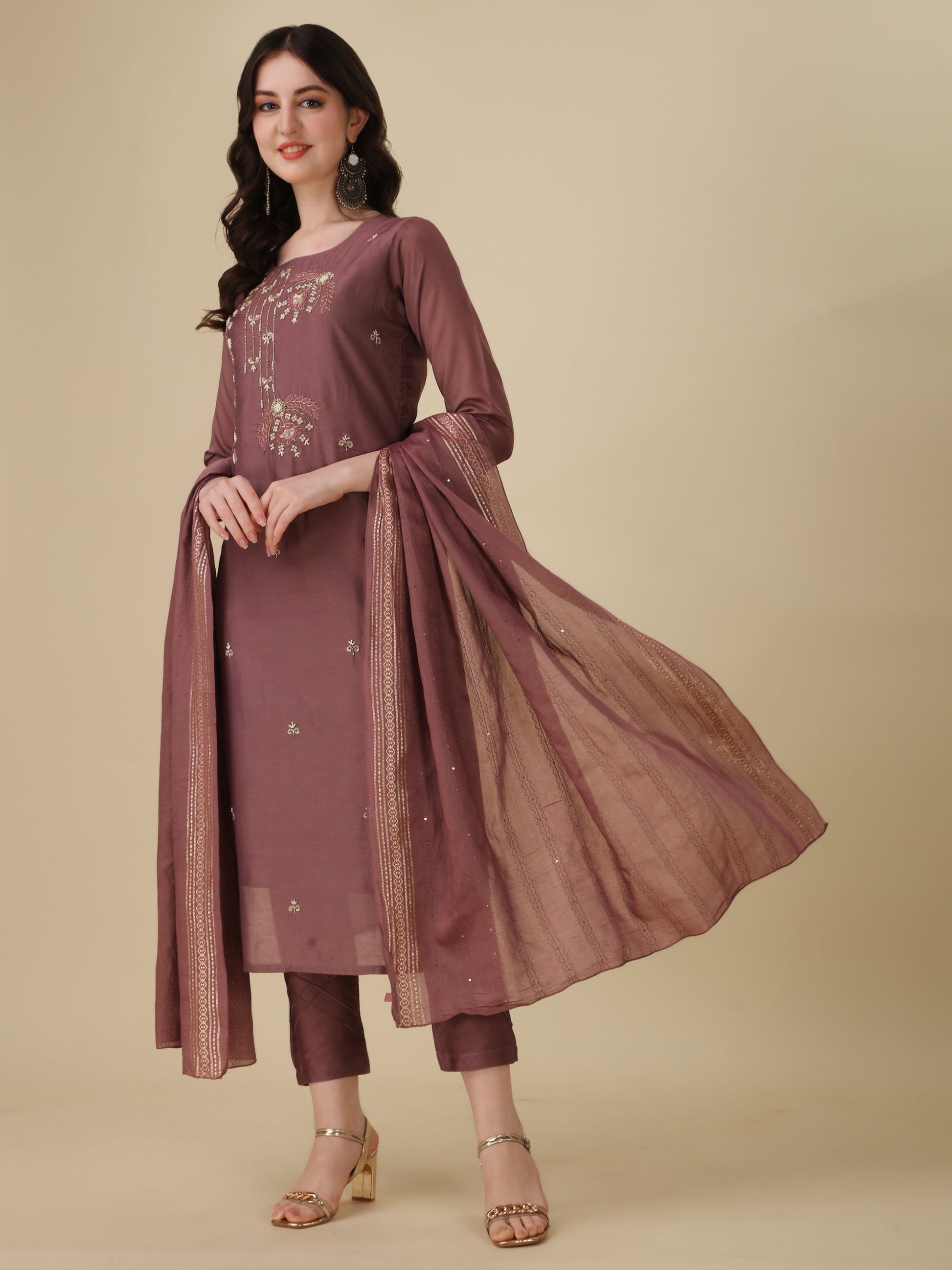 Hand Embroidered Kurta With Pant And Dupatta Set, Multicolor - Hiral Fashion