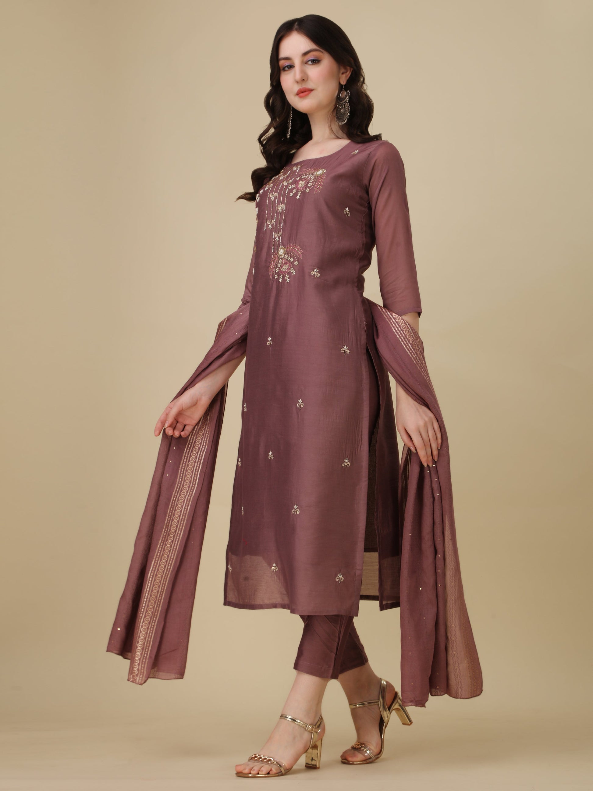 Hand Embroidered Kurta With Pant And Dupatta Set, Multicolor - Hiral Fashion