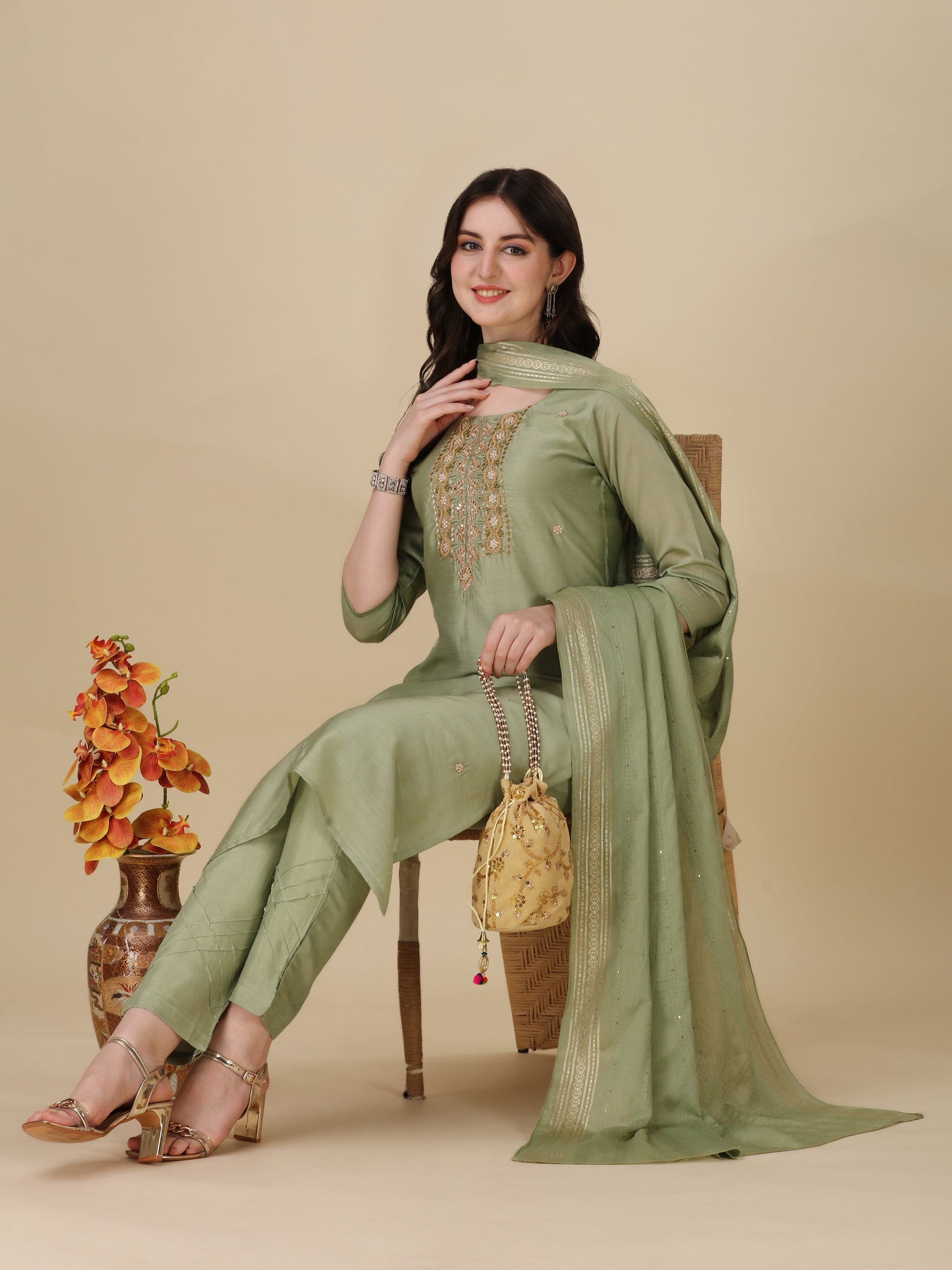 Embroidered Kurta With Pant And Dupatta Set, Multicolor - Hiral Fashion