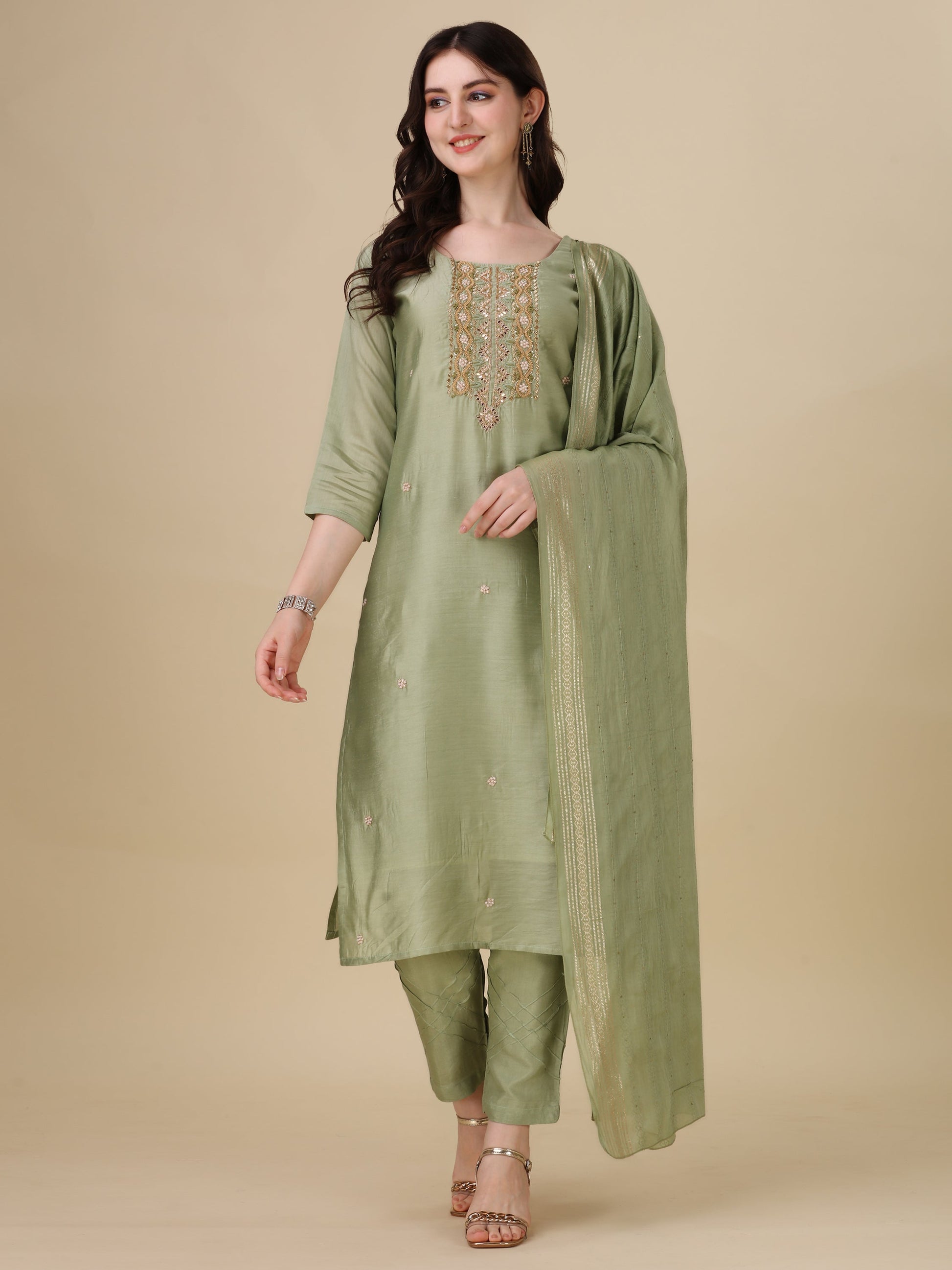 Embroidered Kurta With Pant And Dupatta Set, Multicolor - Hiral Fashion
