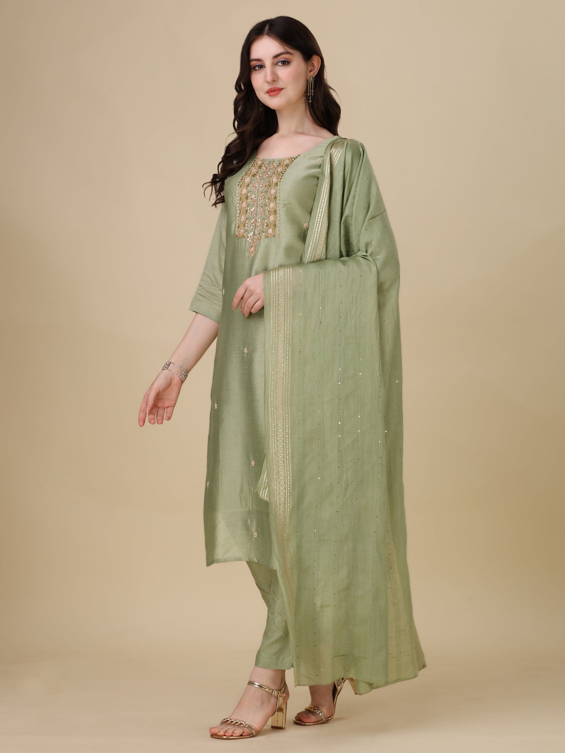 Embroidered Kurta With Pant And Dupatta Set, Multicolor - Hiral Fashion