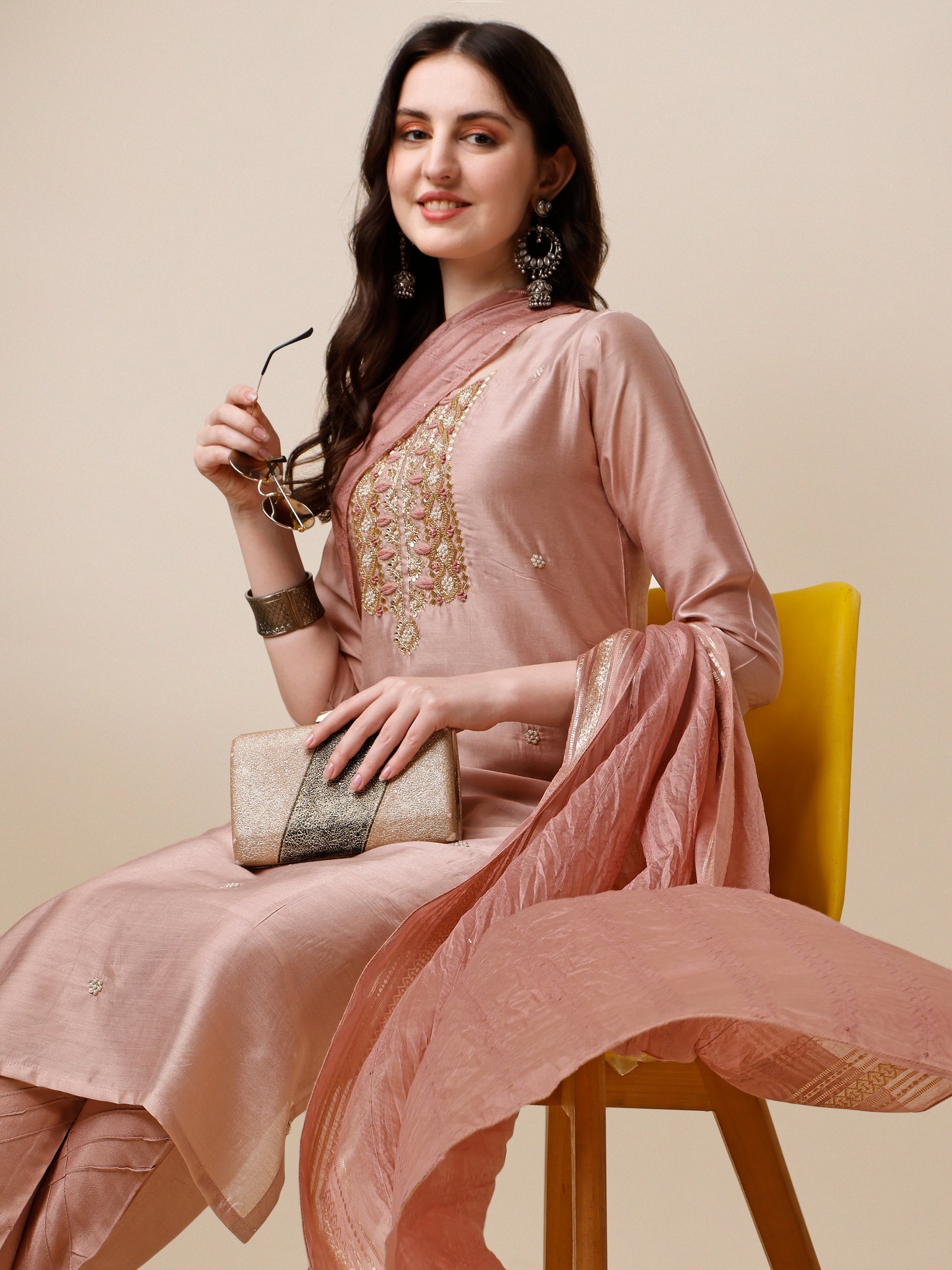 Embroidered Kurta With Pant And Dupatta Set, Multicolor - Hiral Fashion