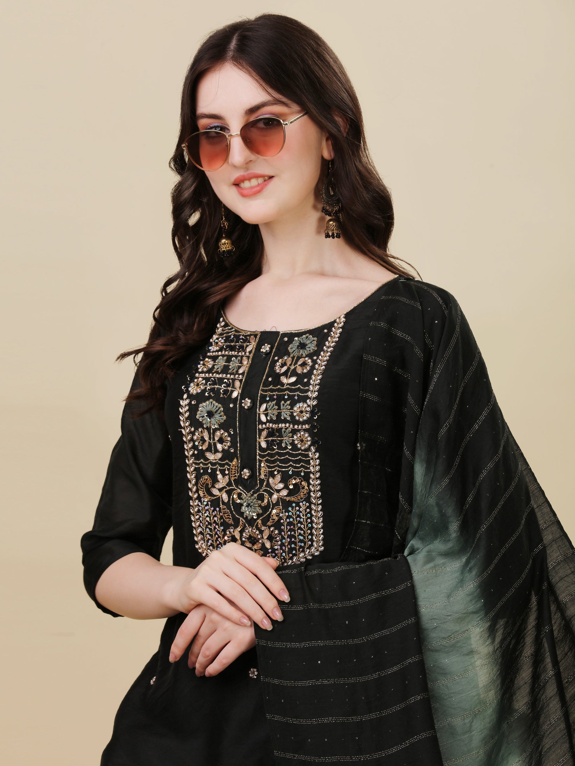Embroidered Kurta With Pant And Dupatta Set, Multicolor - Hiral Fashion