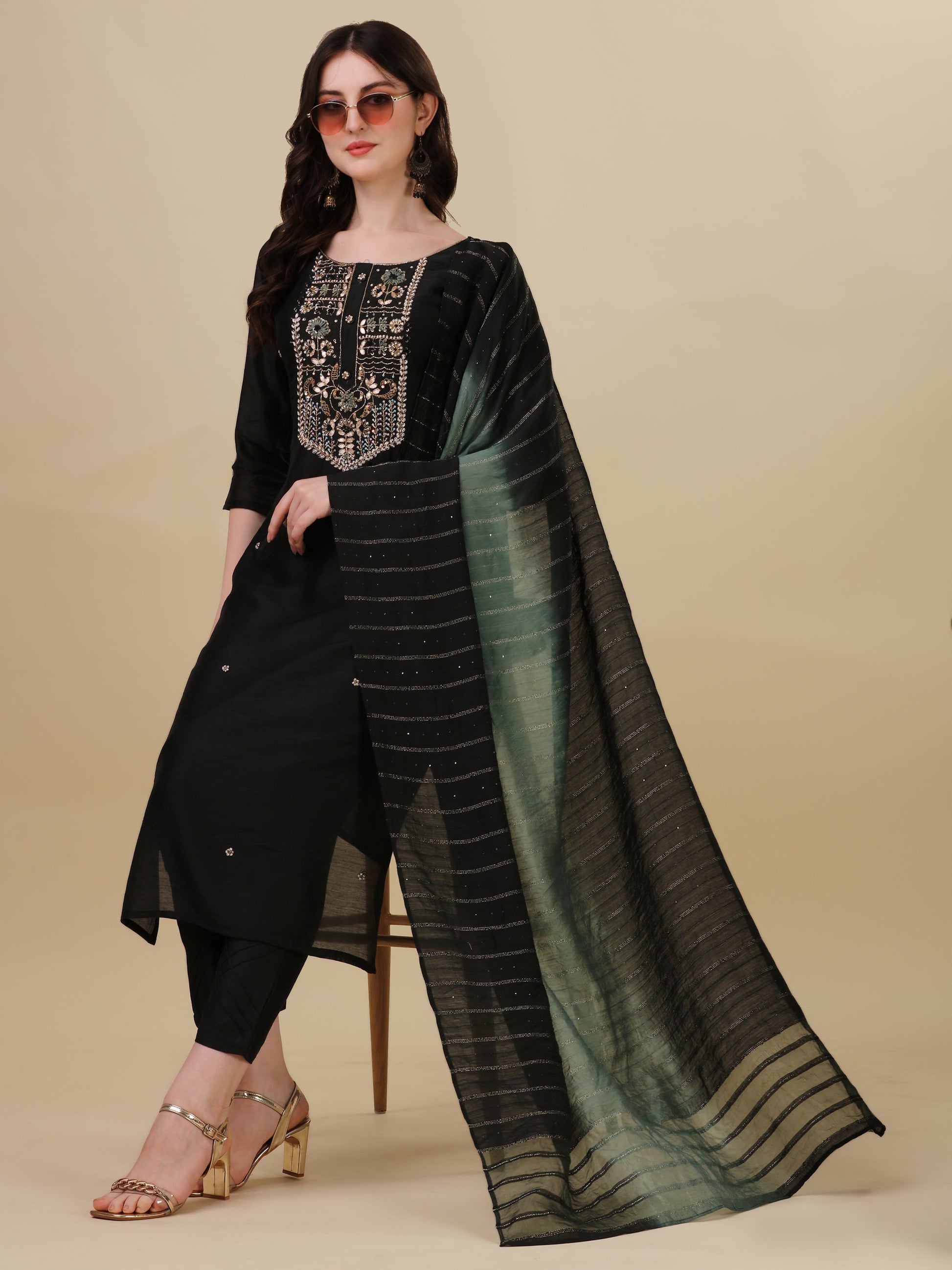 Embroidered Kurta With Pant And Dupatta Set, Multicolor - Hiral Fashion
