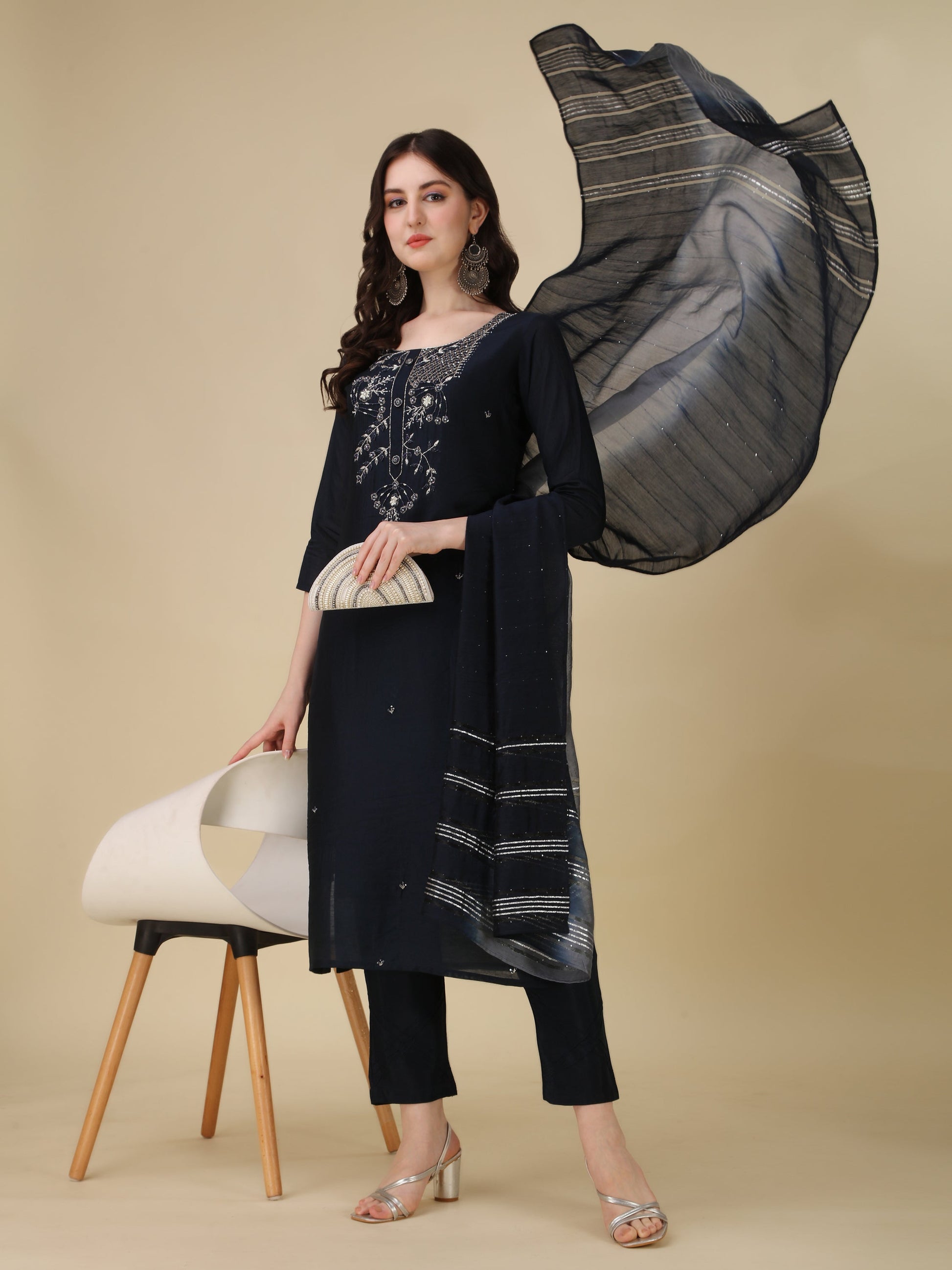 Hand Embroidered Kurta With Pant And Dupatta Set, Multicolor - Hiral Fashion
