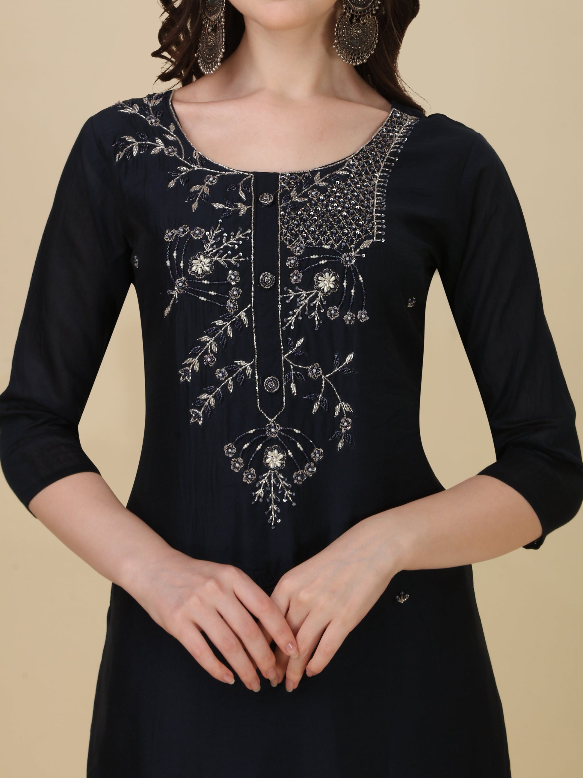 Hand Embroidered Kurta With Pant And Dupatta Set, Multicolor - Hiral Fashion