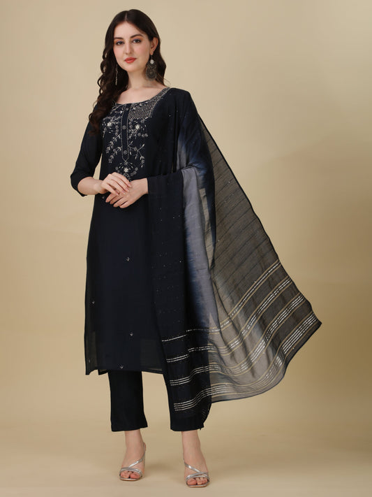 Hand Embroidered Kurta With Pant And Dupatta Set, Multicolor - Hiral Fashion