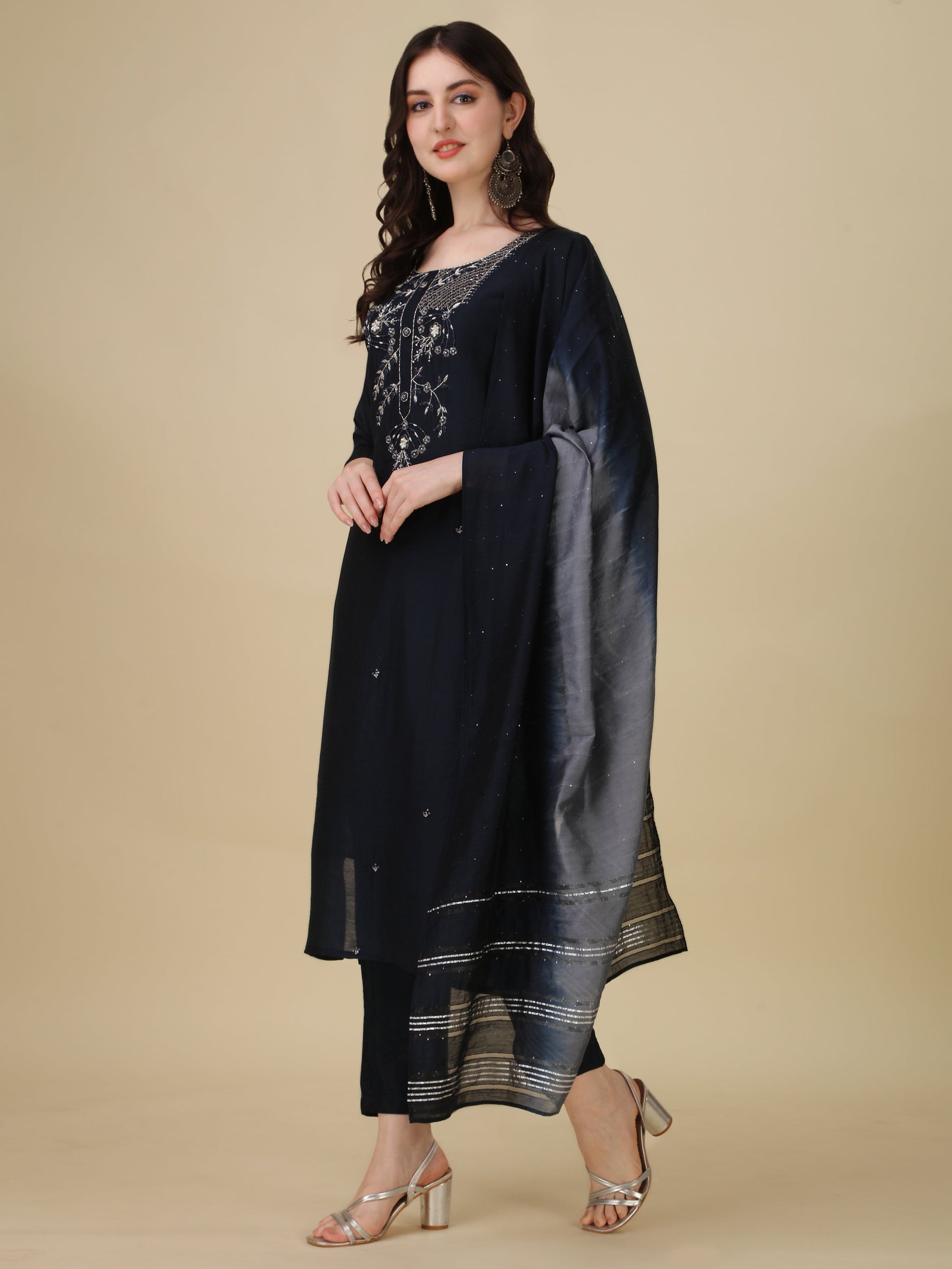 Hand Embroidered Kurta With Pant And Dupatta Set, Multicolor - Hiral Fashion