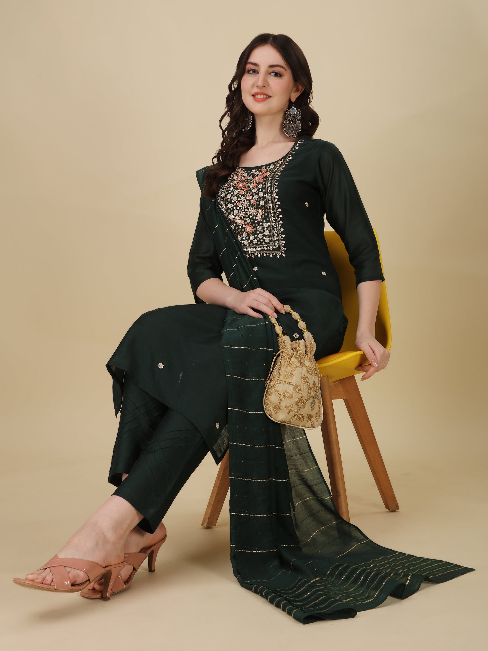 Embroidered Bottle Green Kurta With Pant And Dupatta Set, Multicolor - Hiral Fashion