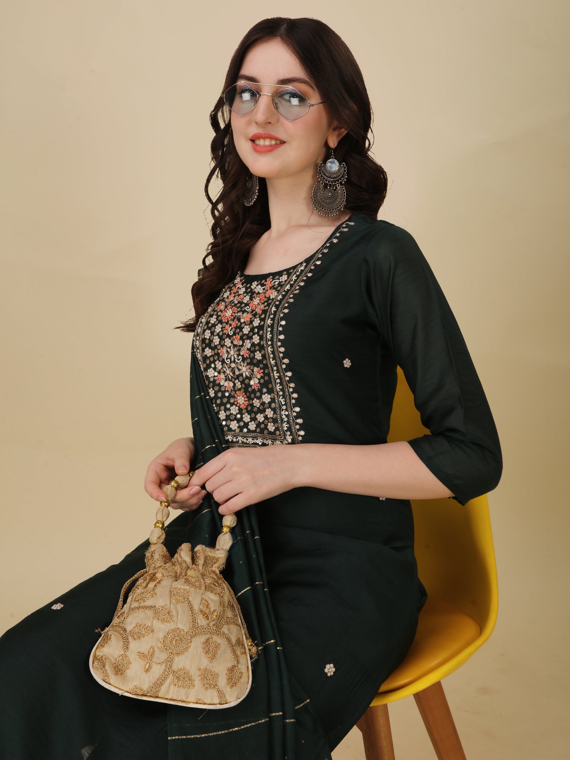 Embroidered Bottle Green Kurta With Pant And Dupatta Set, Multicolor - Hiral Fashion