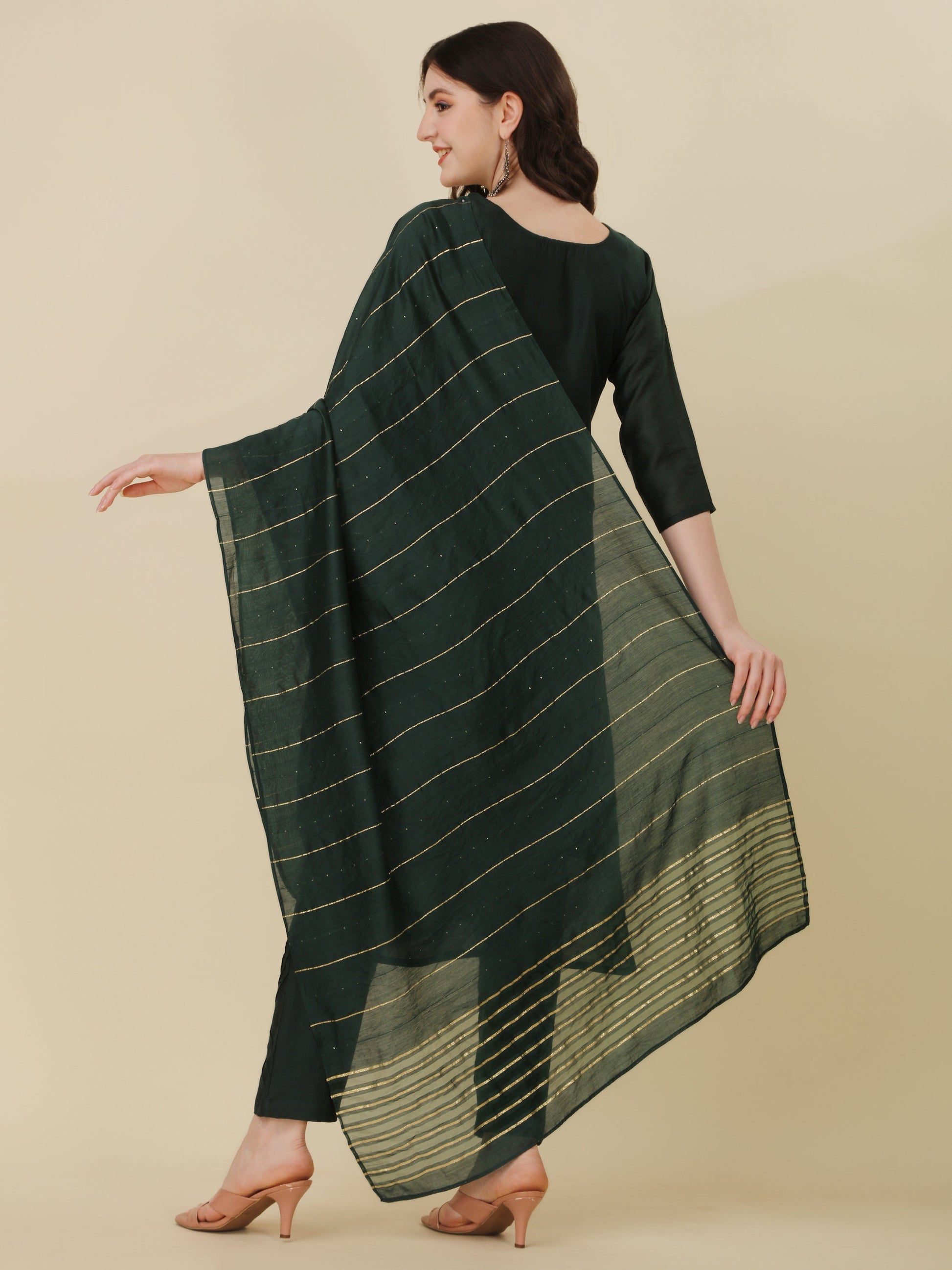 Embroidered Bottle Green Kurta With Pant And Dupatta Set, Multicolor - Hiral Fashion