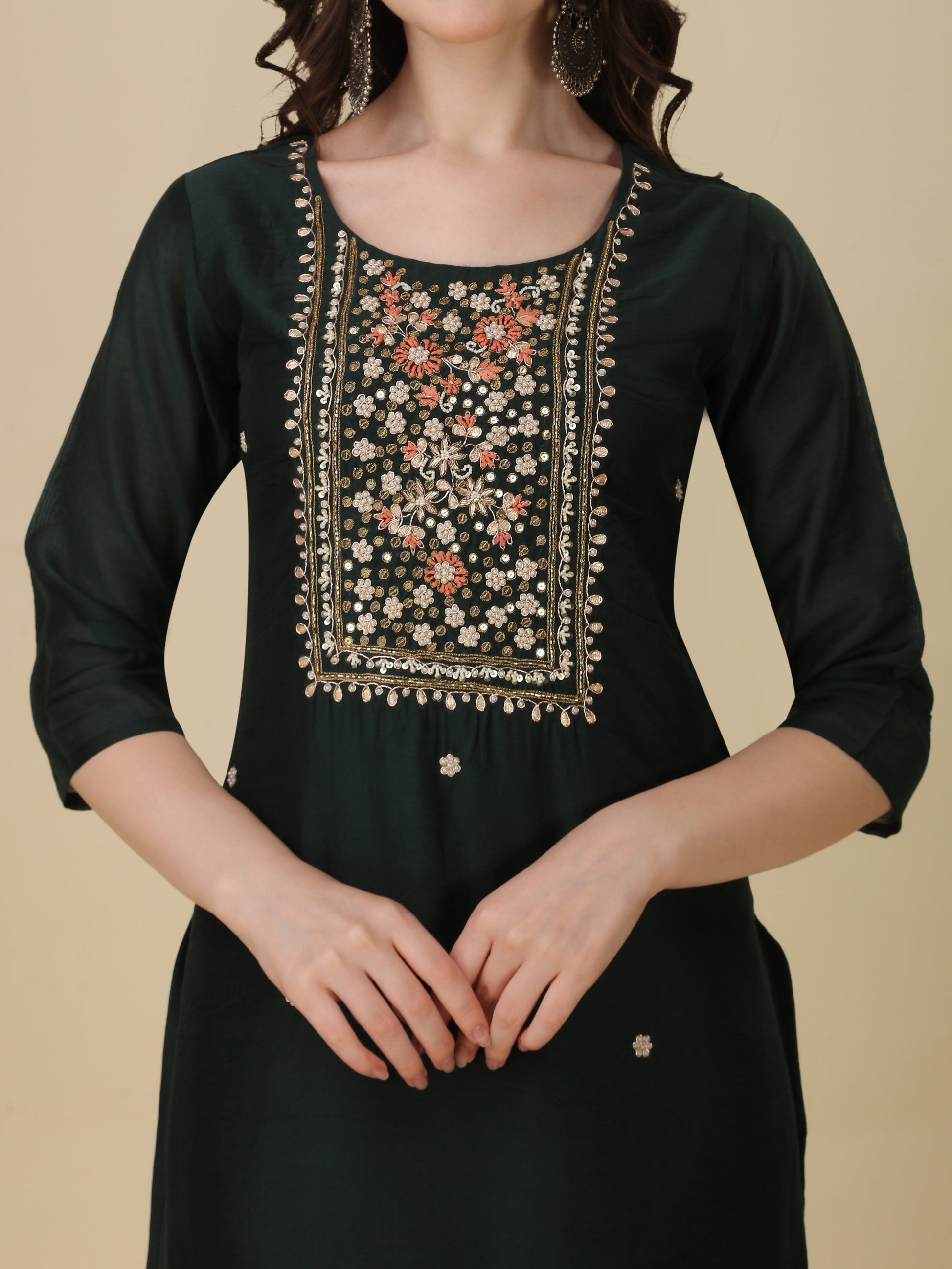 Embroidered Bottle Green Kurta With Pant And Dupatta Set, Multicolor - Hiral Fashion