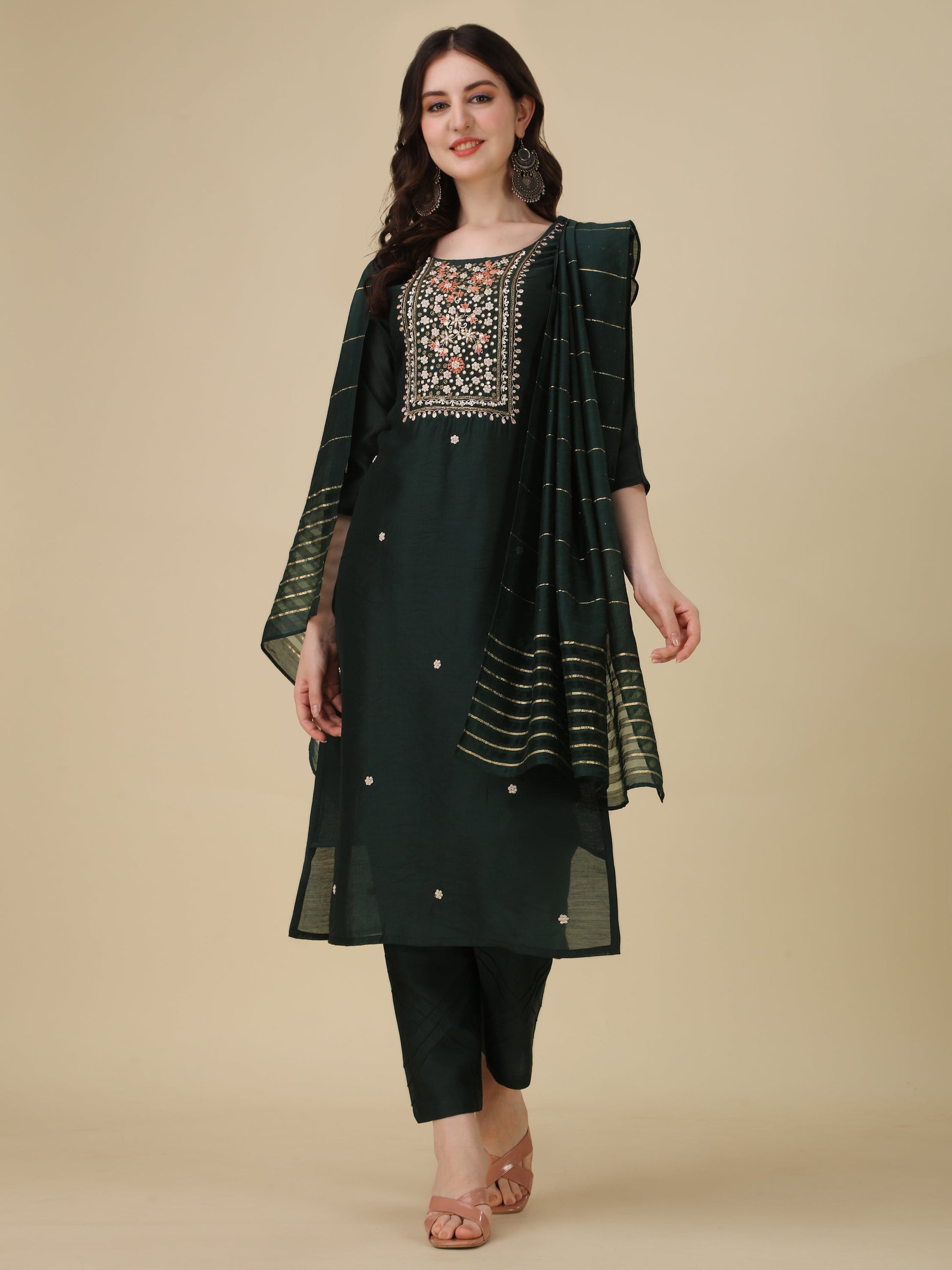 Embroidered Bottle Green Kurta With Pant And Dupatta Set, Multicolor - Hiral Fashion