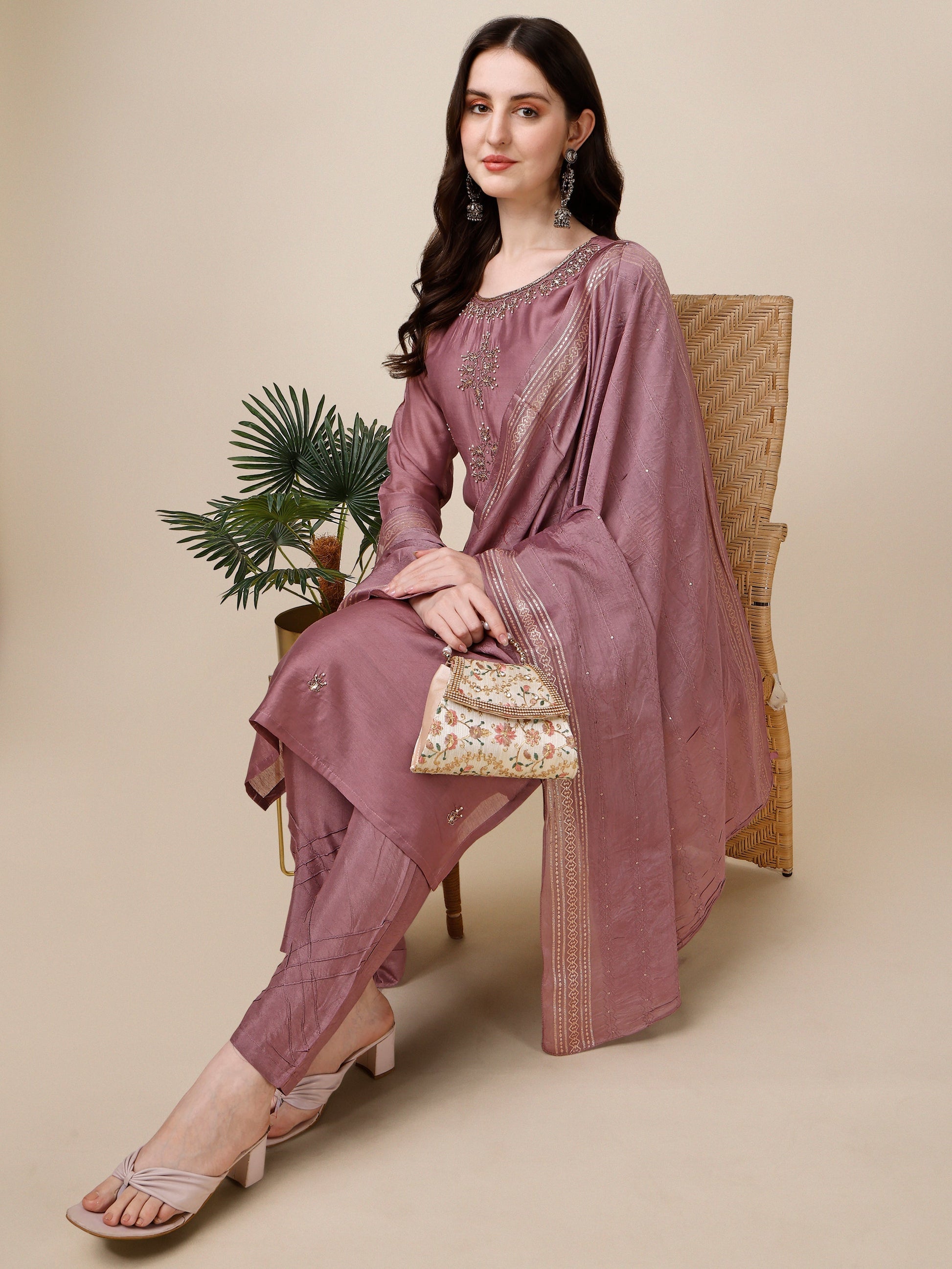 Hand Embroidered Kurta With Pant And Dupatta Set, Multicolor - Hiral Fashion