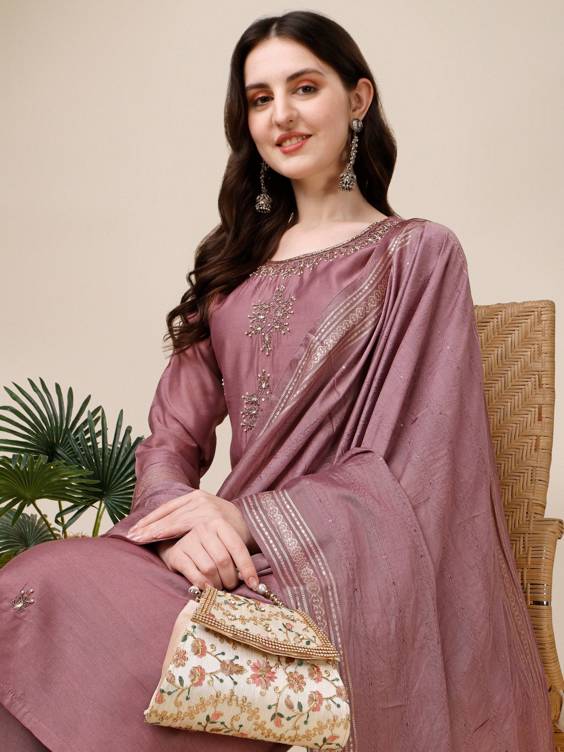 Hand Embroidered Kurta With Pant And Dupatta Set, Multicolor - Hiral Fashion